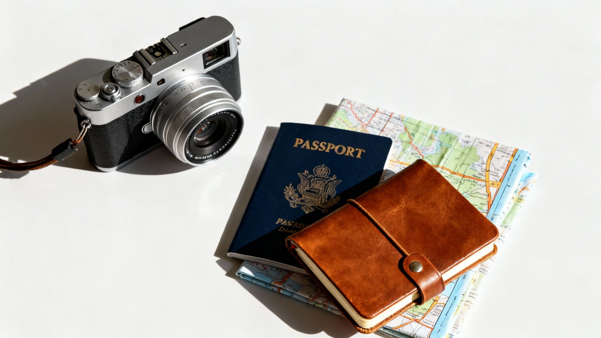 Travel essentials including a camera, US passport, leather journal, and map on a white background.