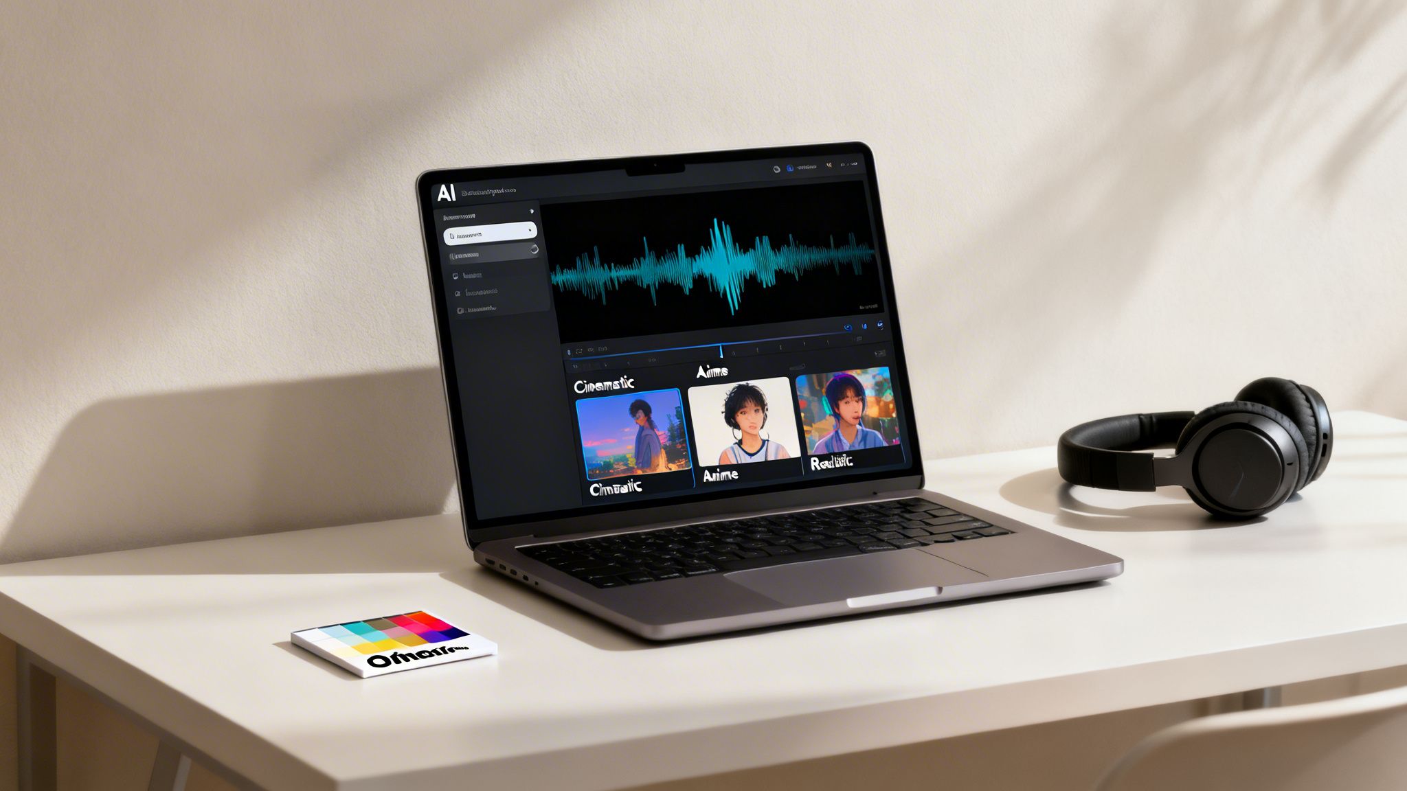 A laptop on a desk displays an AI video generation interface with sound wave and style options, next to headphones.