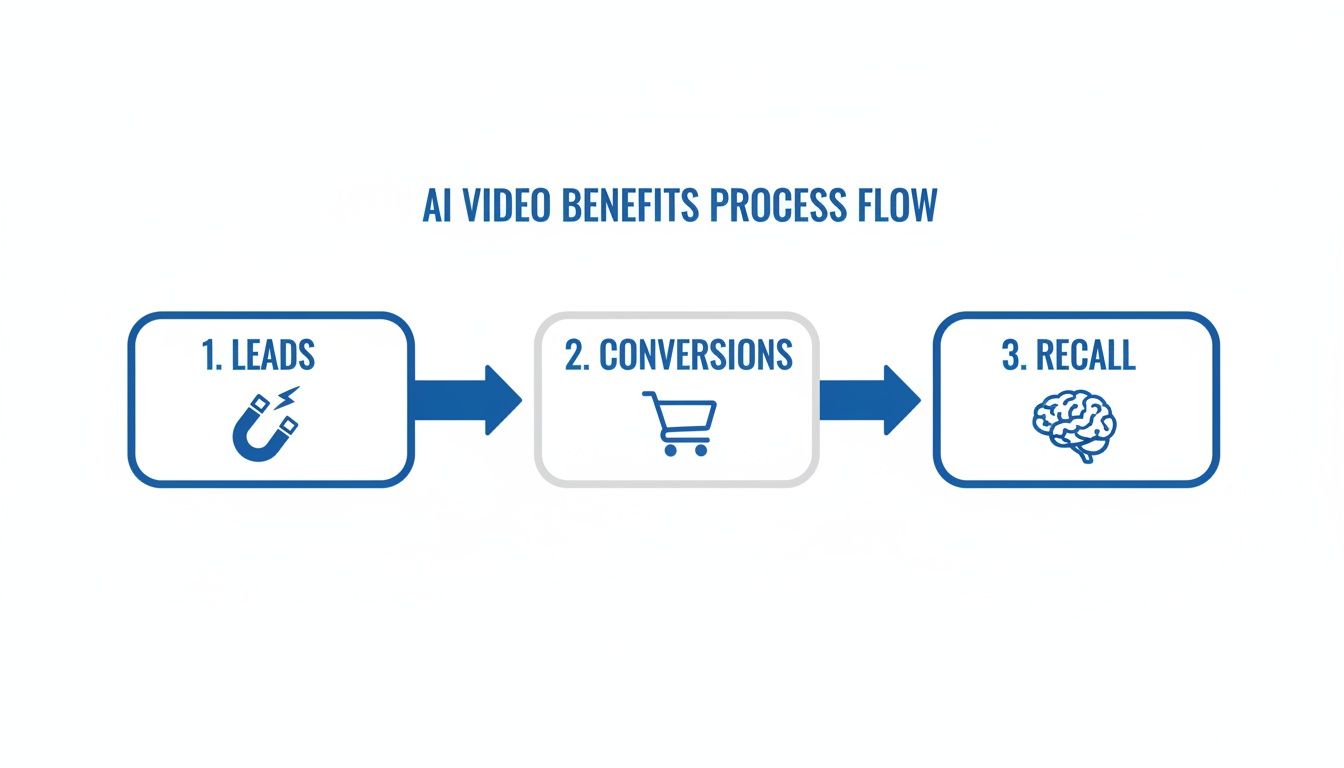 Flowchart illustrating AI video benefits process: leads, conversions, and recall, with corresponding icons.