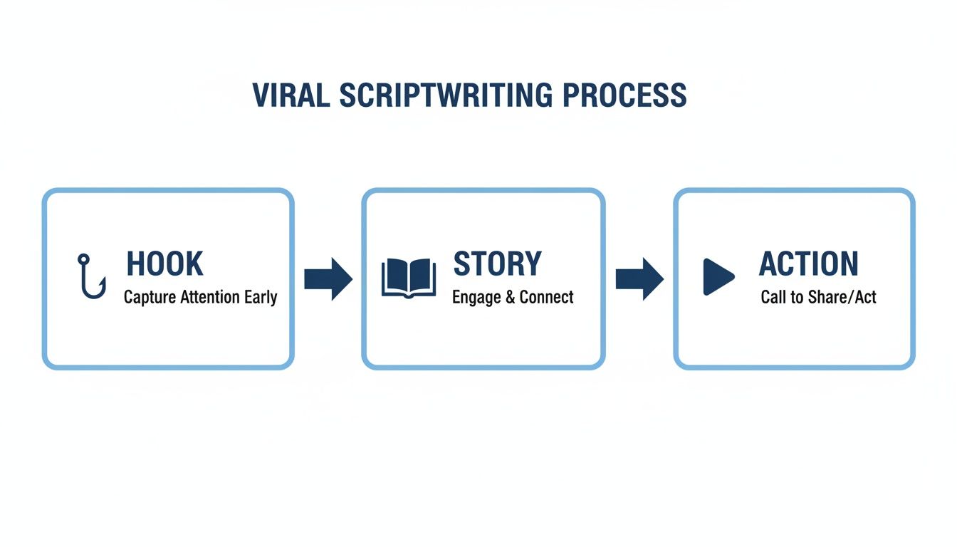 Flowchart illustrating the viral scriptwriting process with three key steps: hook, story, and action.