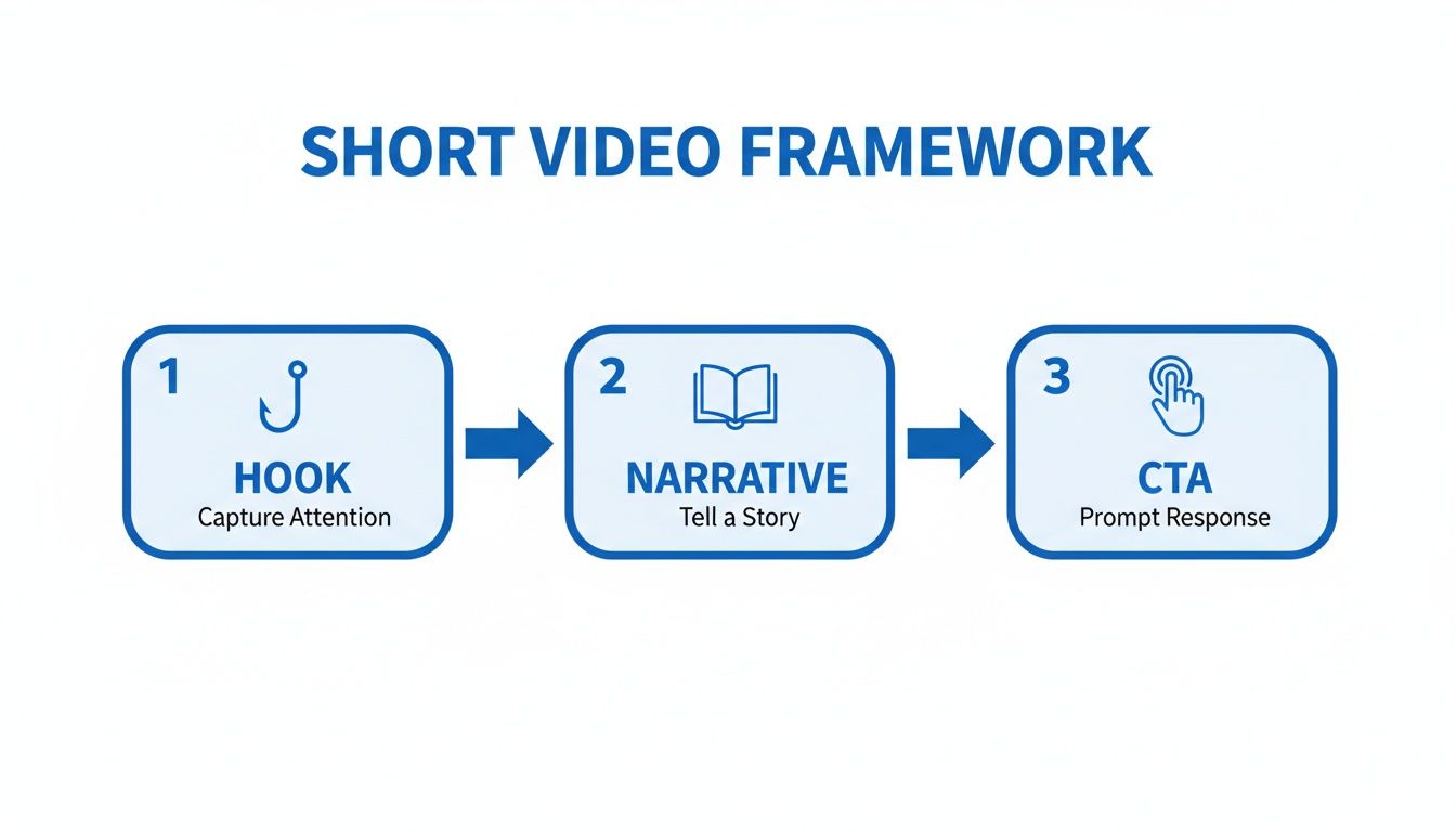 A short video framework illustrating three steps: Hook, Narrative, and Call to Action.