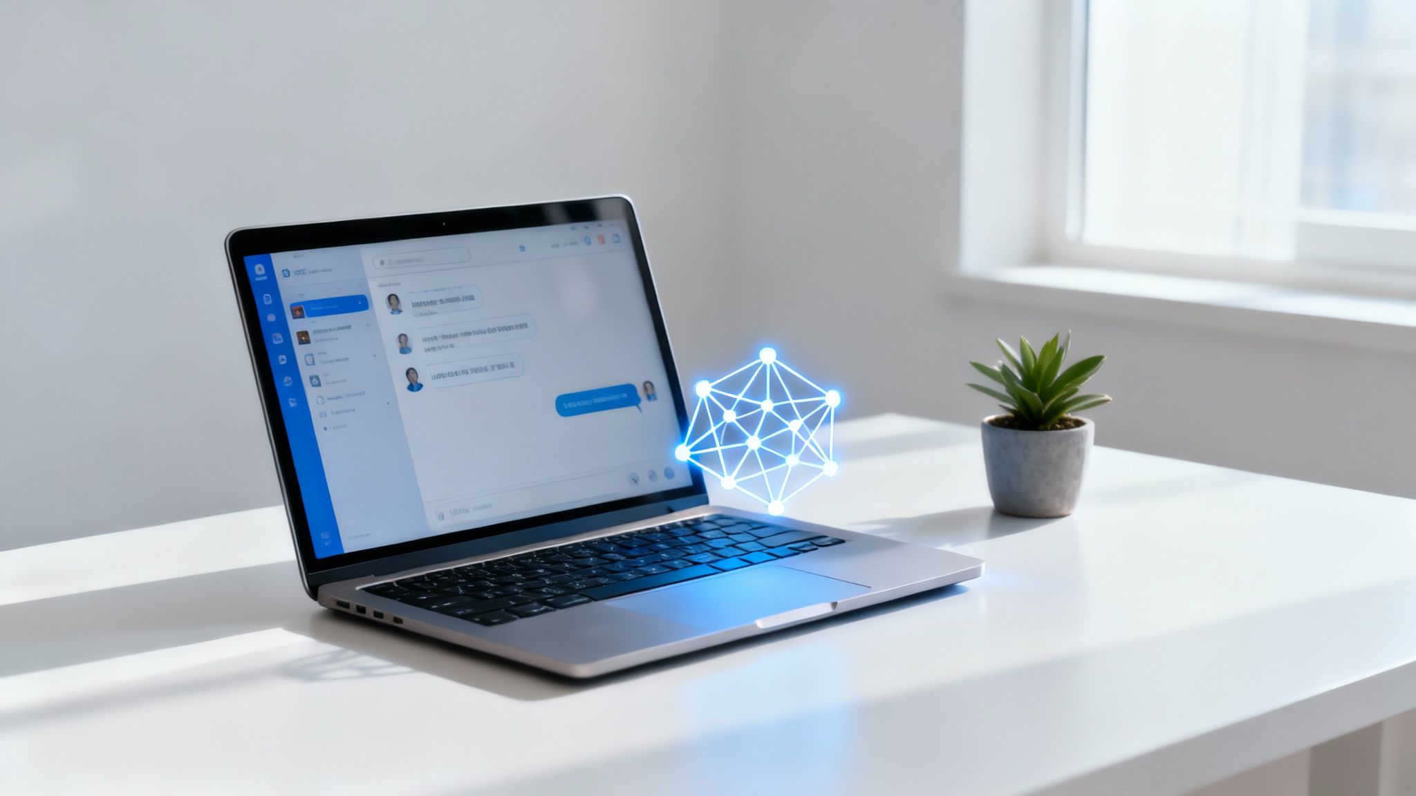 Laptop displaying a chat application with a glowing AI symbol on a minimalist desk.