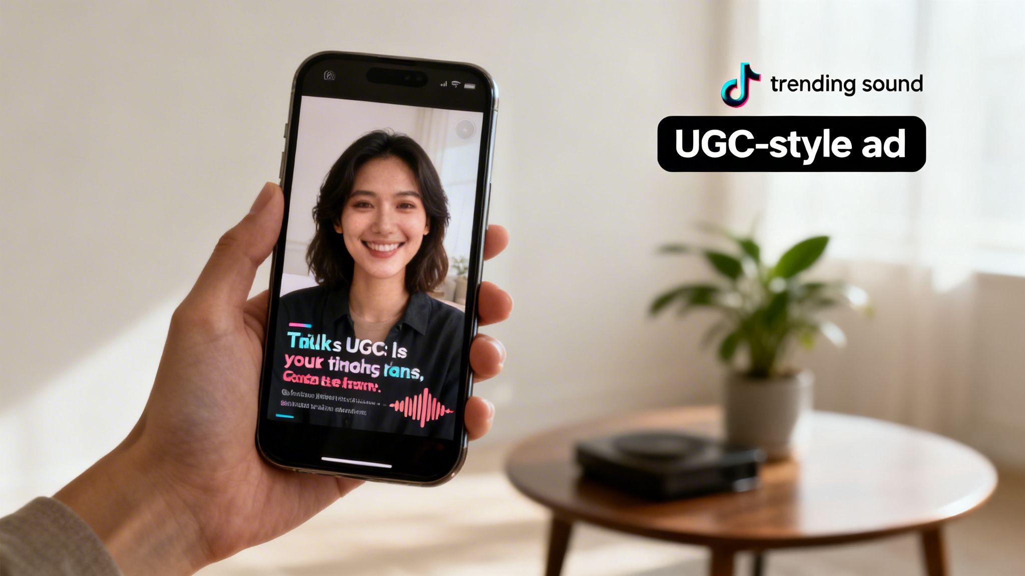 A hand holds a smartphone displaying a TikTok UGC-style ad featuring a smiling woman and text.