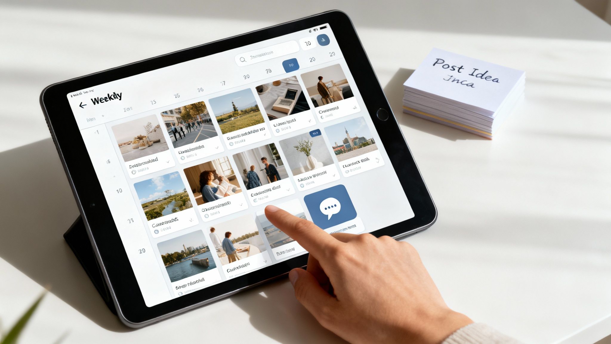 A content calendar laid out on a desk with various social media icons, sticky notes, and a cup of coffee, symbolizing the process of mastering a social media rhythm.