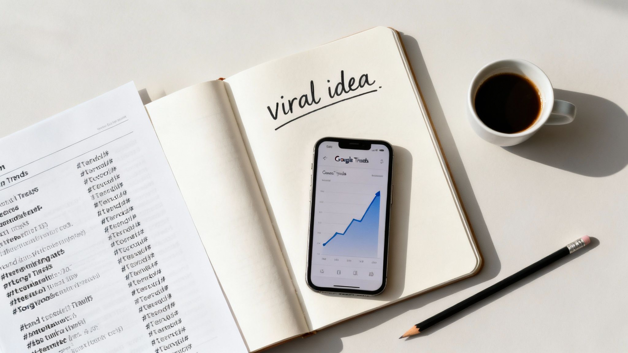 Desk with a notebook reading 'viral idea,' a smartphone showing Google Trends, coffee, and a pencil.