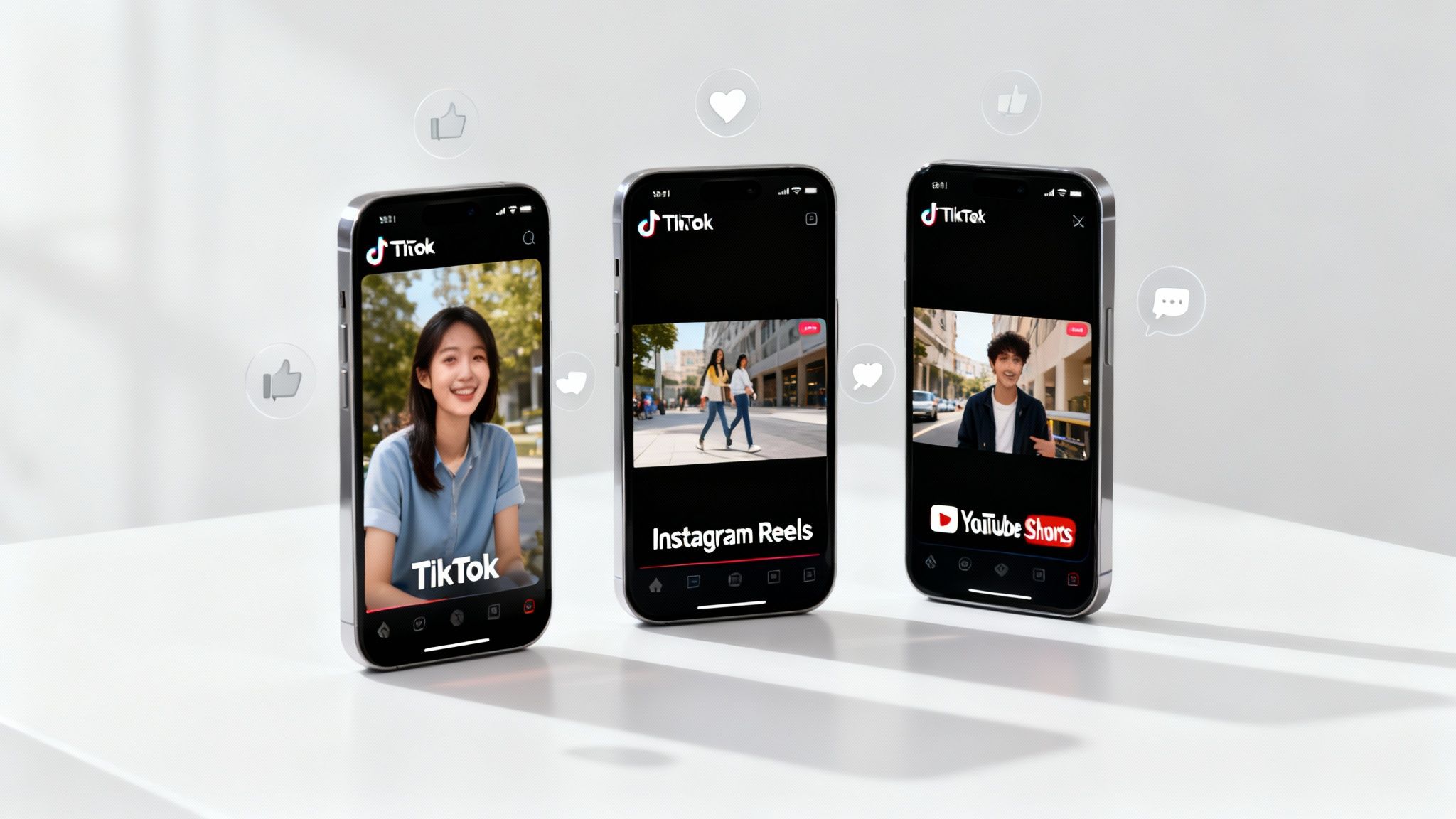 Three smartphones showcasing popular short-form videos from TikTok, Instagram Reels, and YouTube Shorts with social media reactions.