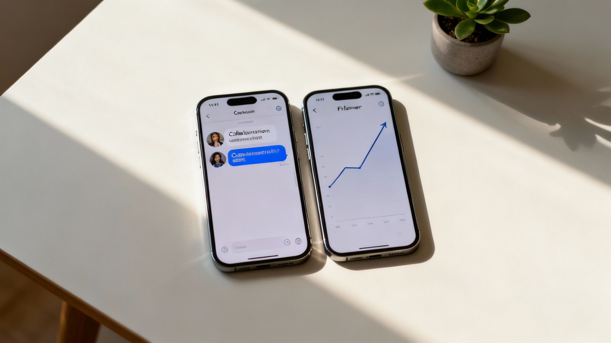 Two hands holding smartphones, showing social media profiles with increasing follower counts, symbolizing growth.