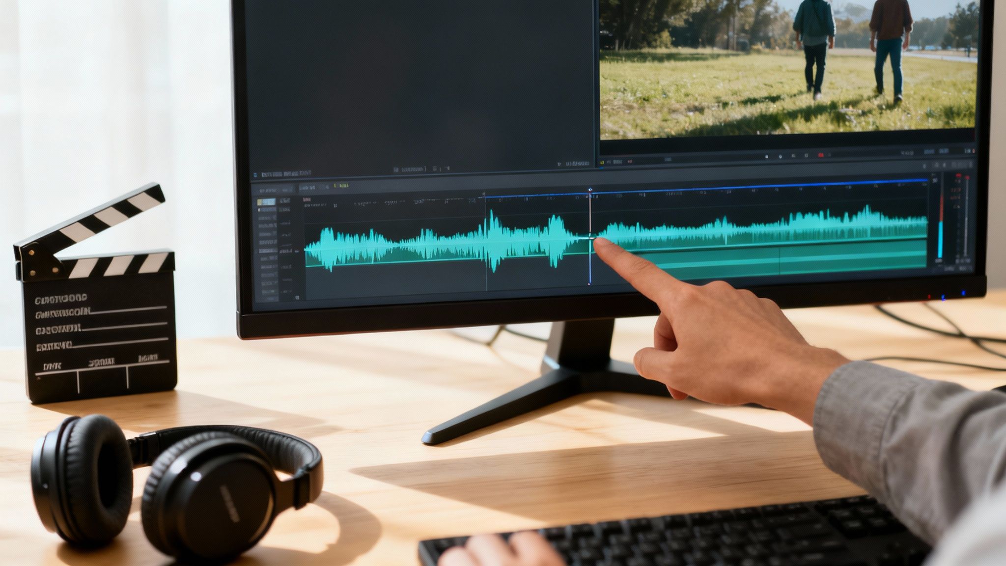Person's hand pointing at audio waveforms on a computer screen while editing video, with clapperboard and headphones on desk.