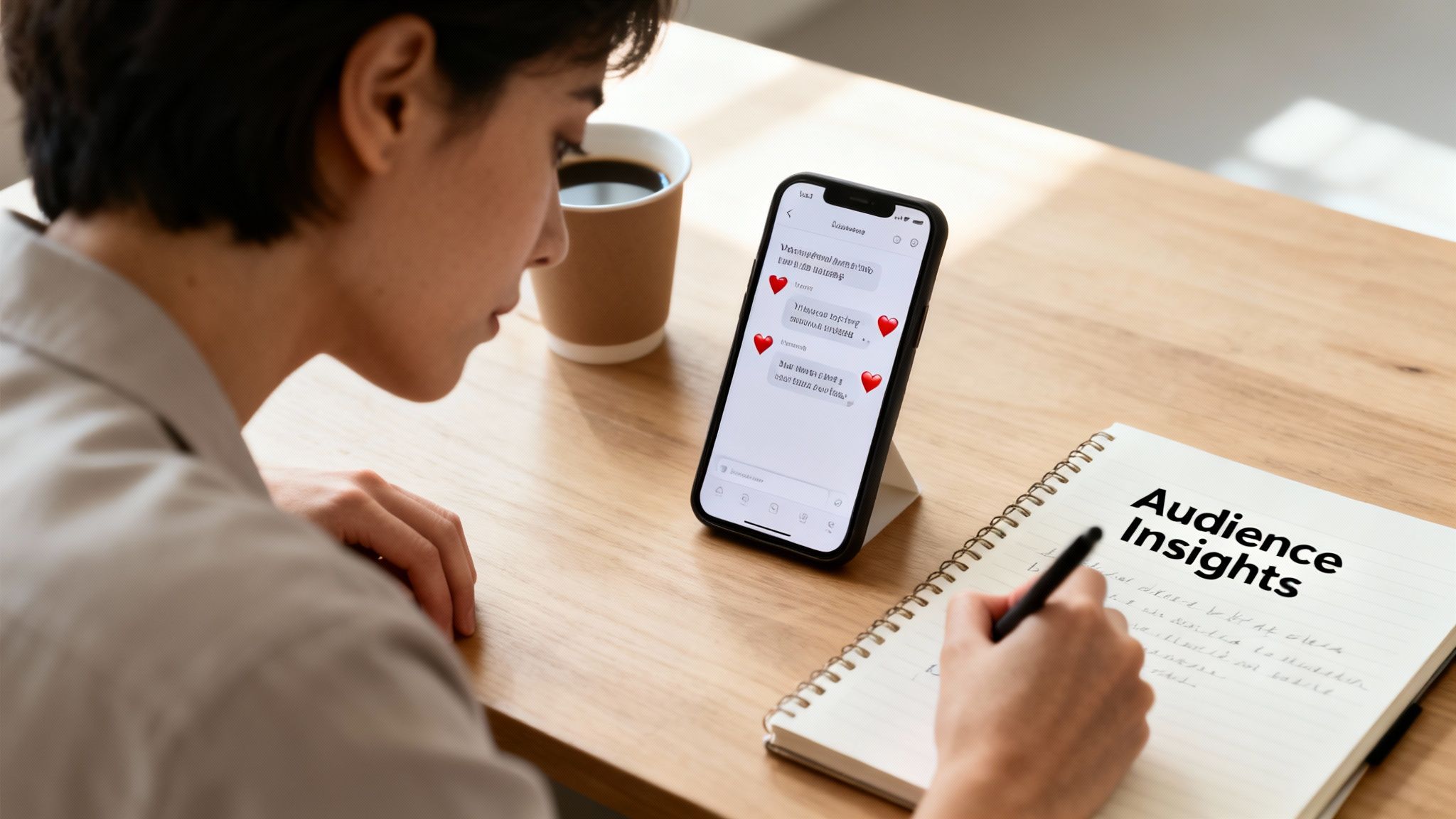Person reviewing social media messages on a smartphone and writing "Audience Insights" in a notebook.