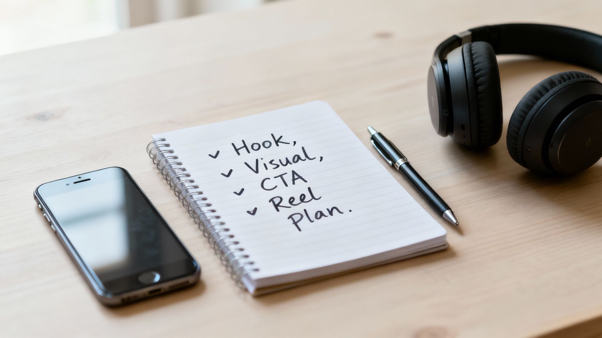 A person brainstorming and planning an Instagram Reel with a laptop and notebook