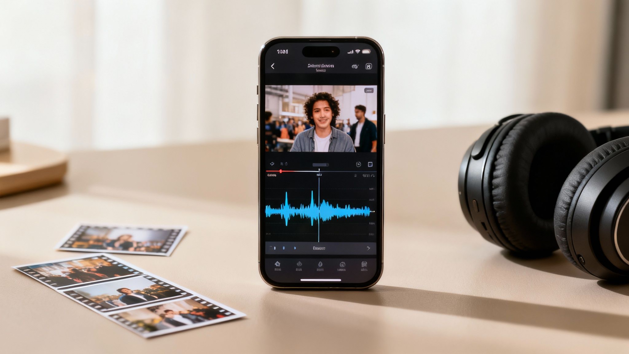 A smartphone displaying a video editing application with a waveform, next to black headphones and film strip photos.