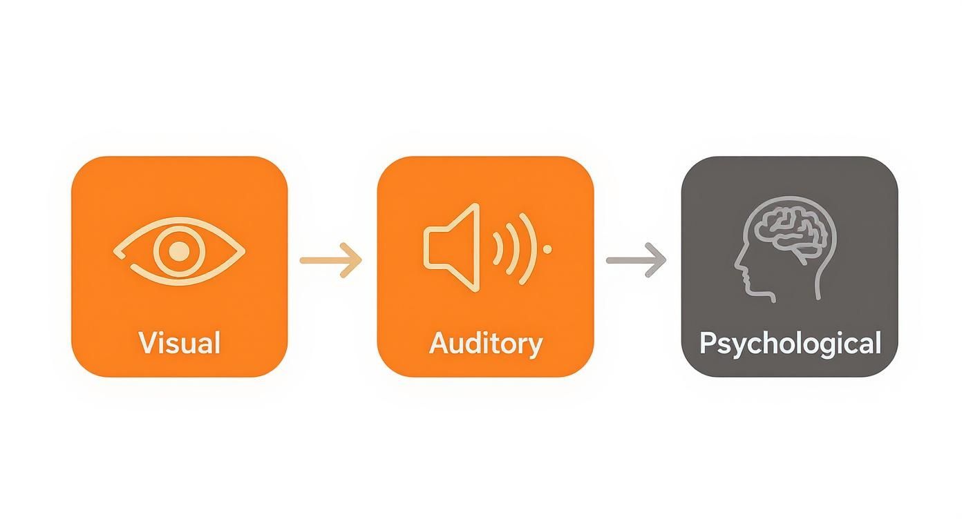 A diagram illustrates a process: visual input (eye icon) leads to auditory processing (speaker icon), which then leads to psychological impact (brain icon).