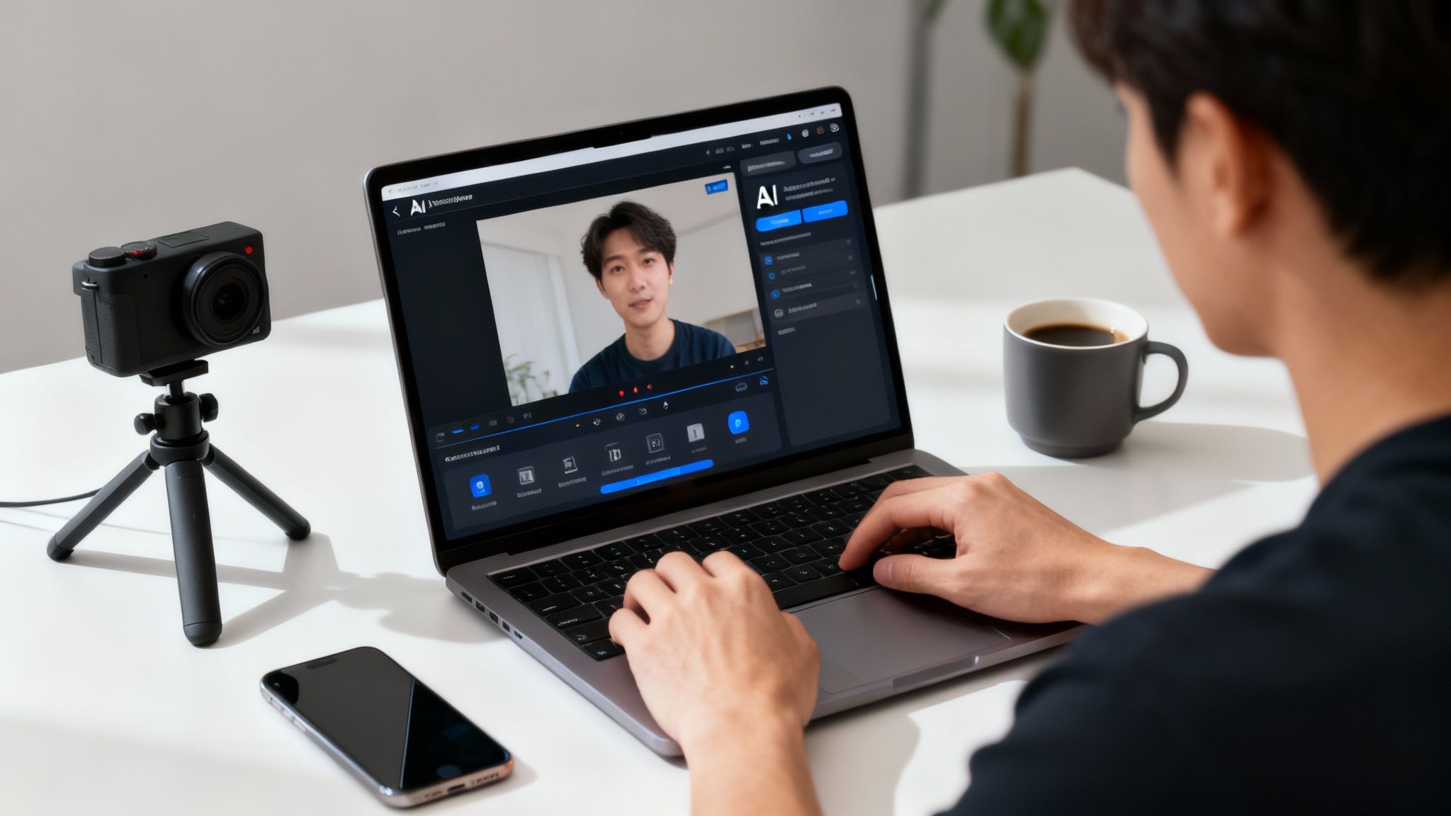 A creator using AI video generation tools on a laptop