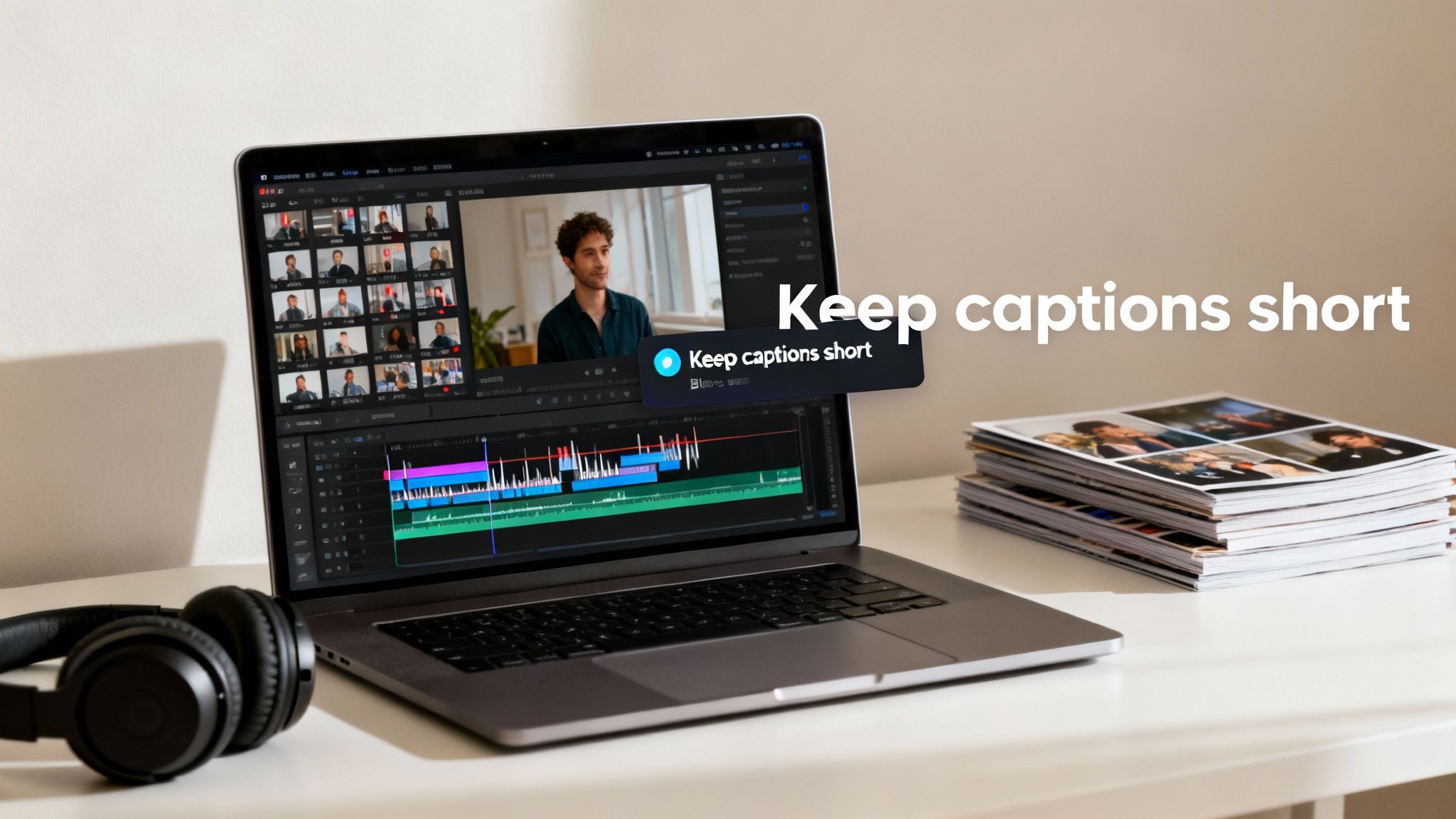 A laptop on a desk displays video editing software with a "Keep captions short" tip, alongside headphones and magazines.