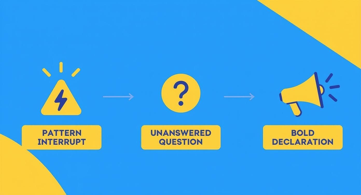 A graphic illustrating a three-step process: Pattern Interrupt, Unanswered Question, and Bold Declaration.