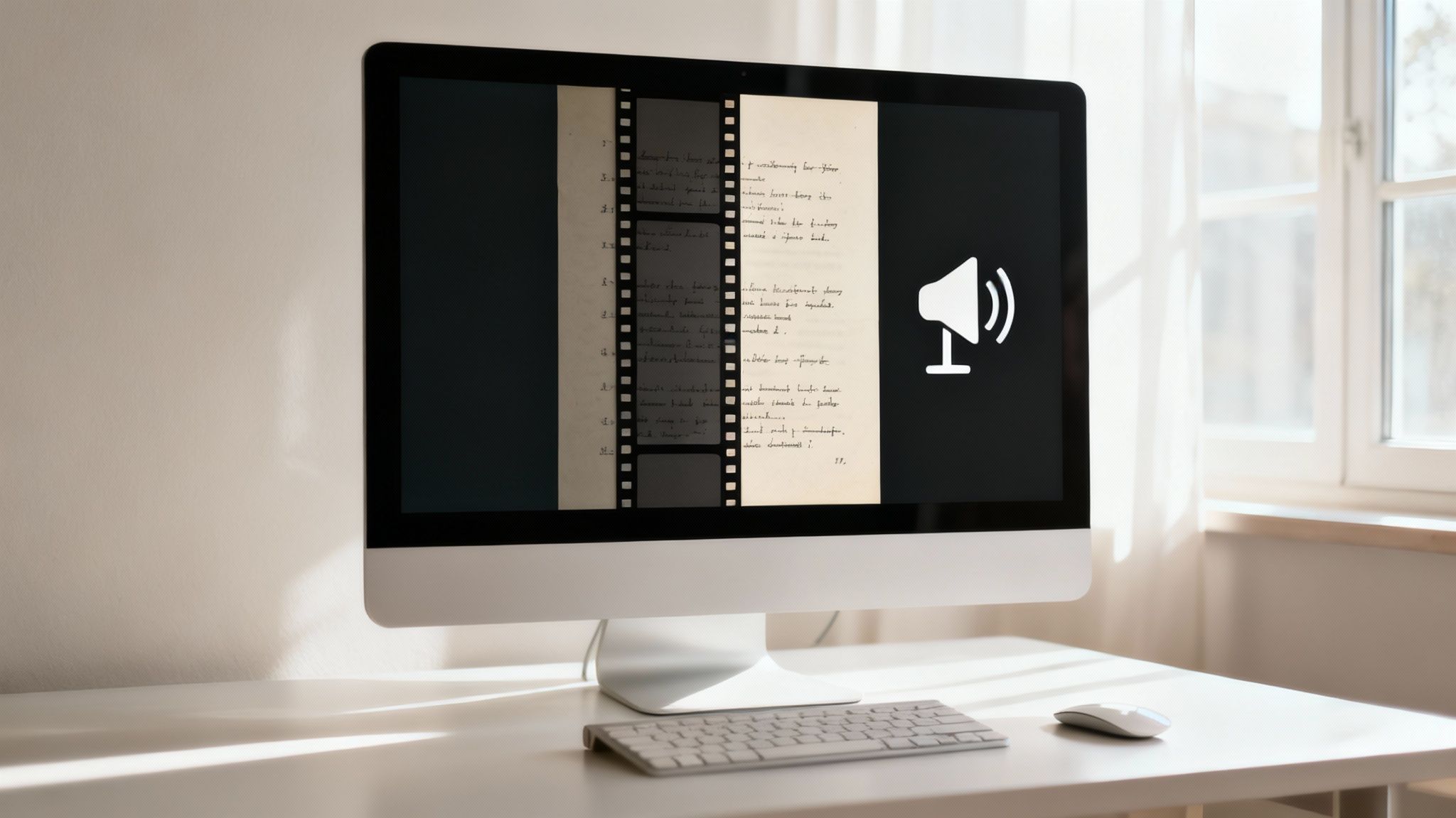 A creative workspace showing a laptop with video editing software, a microphone, and headphones, illustrating an AI-powered content creation setup.