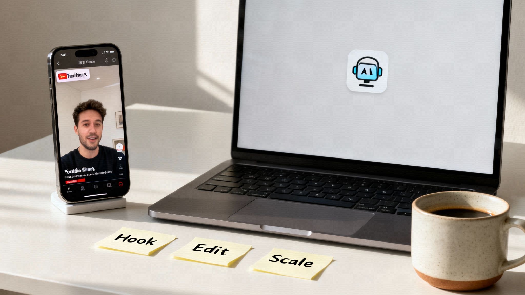 Desk with phone showing YouTube video, AI laptop, coffee, and 'Hook, Edit, Scale' notes.