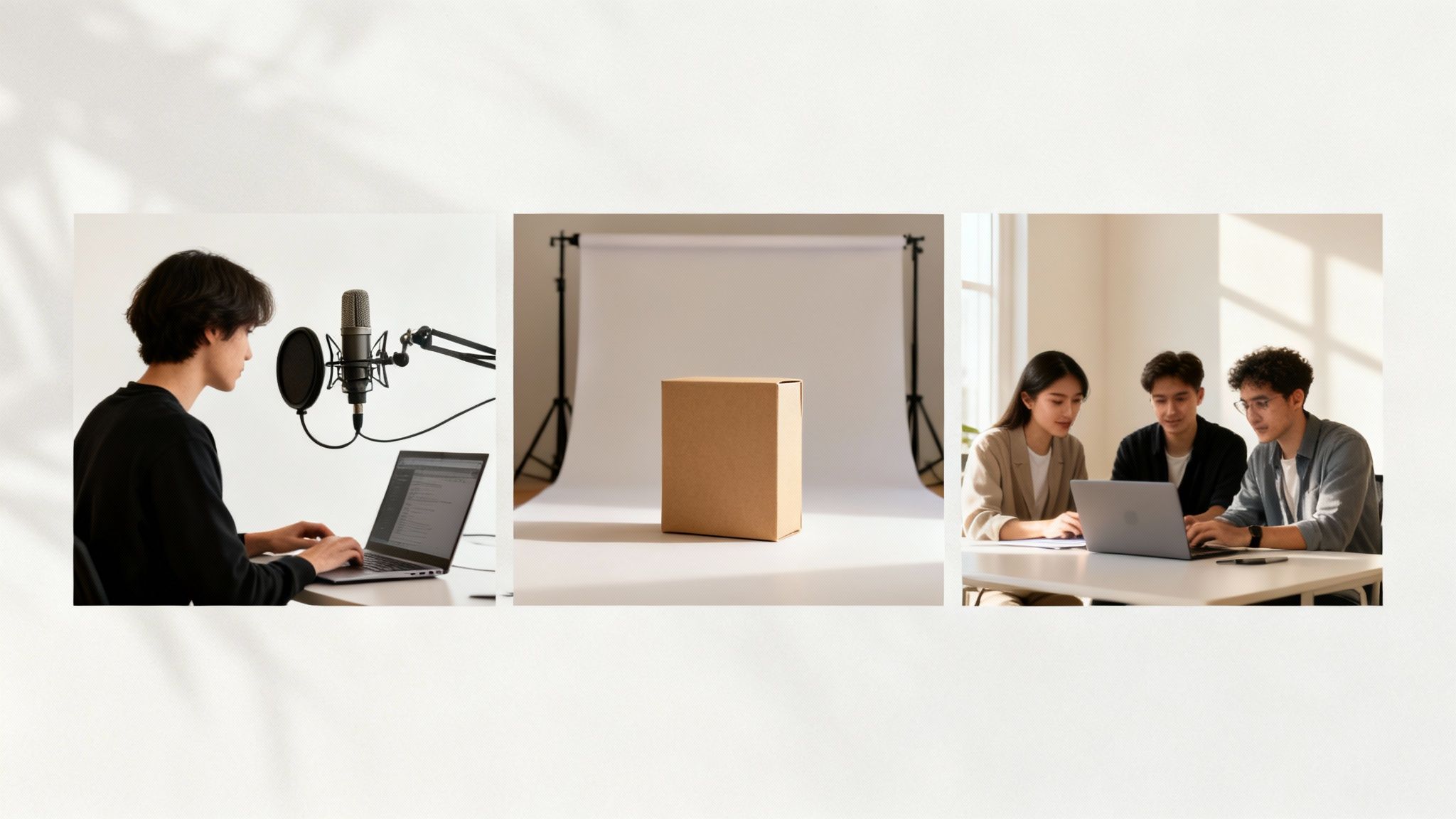 Três imagens: uma pessoa fazendo podcast, uma caixa de produto, e uma equipe colaborando em laptop.