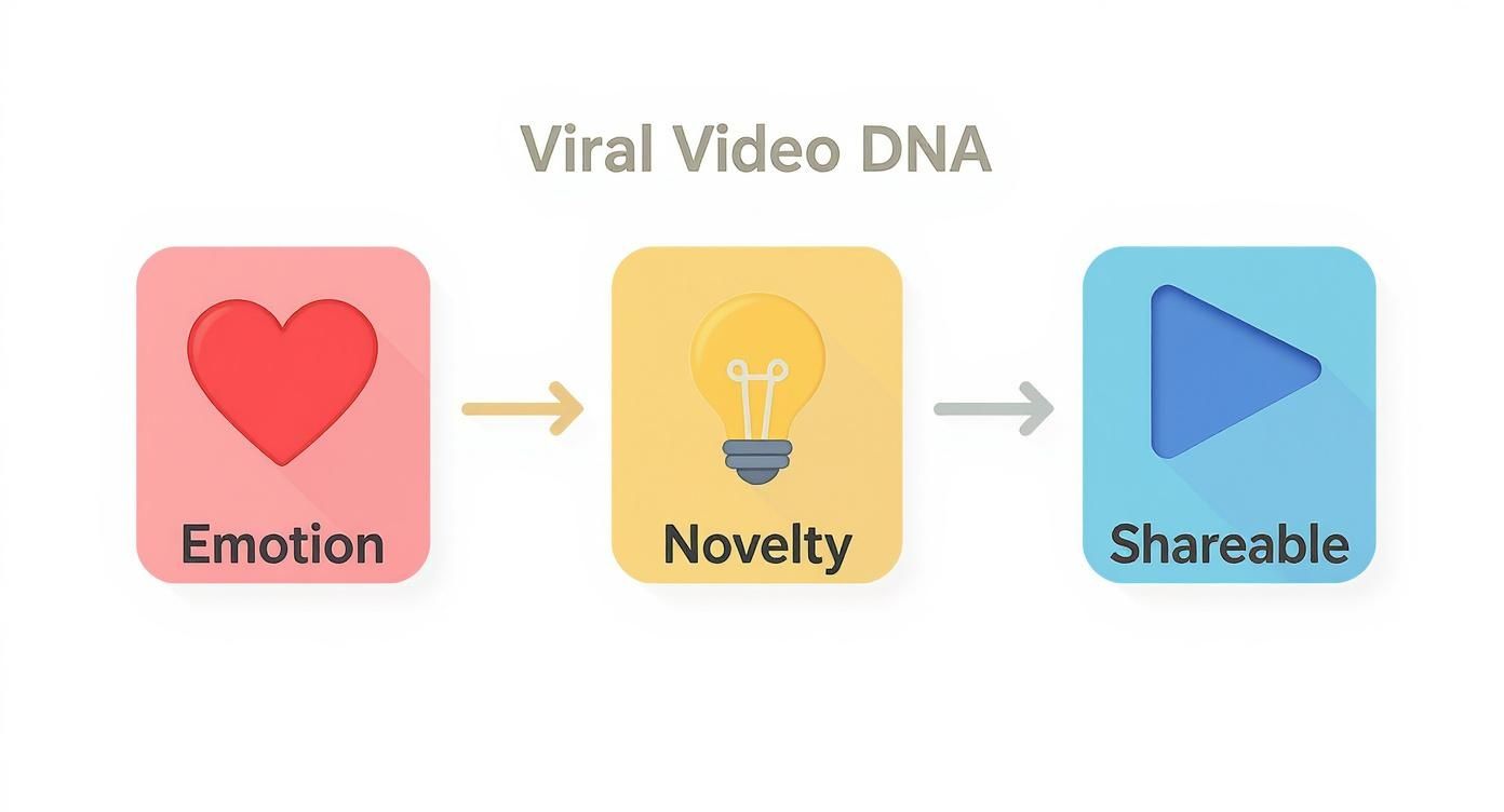 Diagram showing the Viral Video DNA: Emotion (heart), Novelty (lightbulb), and Shareable (play button).