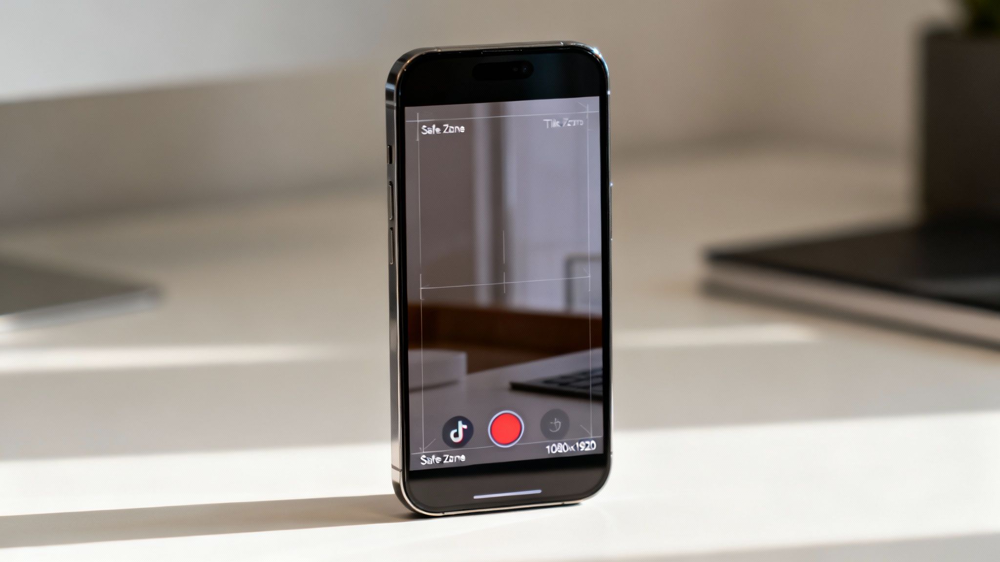 A silver iPhone displaying the TikTok video recording interface with 'Safe Zone' text and a red record button.