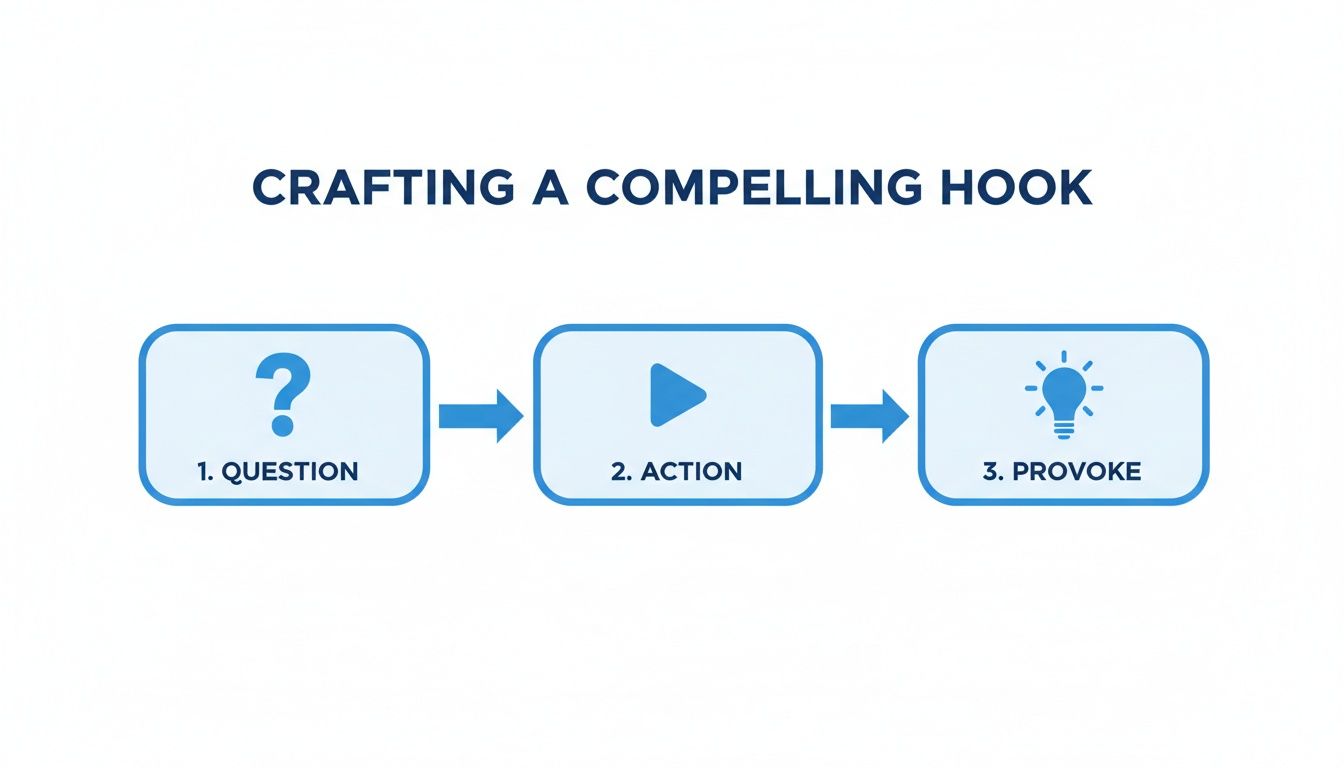A flowchart titled 'Crafting a Compelling Hook' with three steps: 1. Question, 2. Action, 3. Provoke.