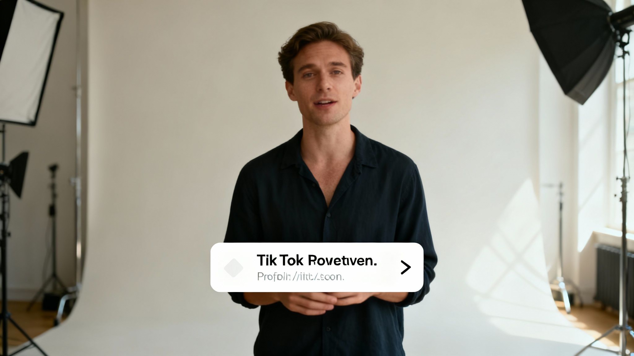 A creator's hand holding a phone, pointing to a call-to-action text overlay on a TikTok video.