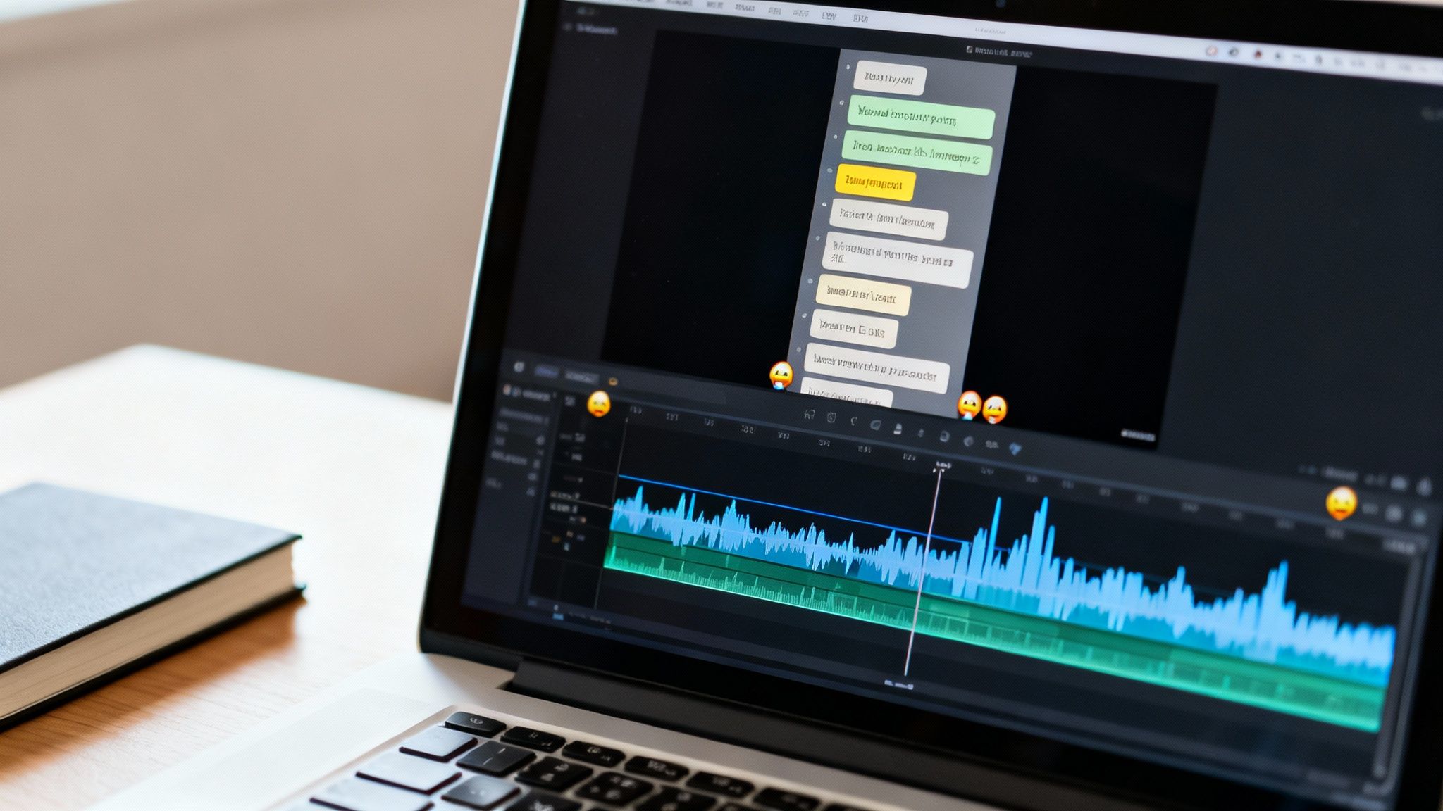 Close-up of a laptop screen showing video editing software with chat interface.
