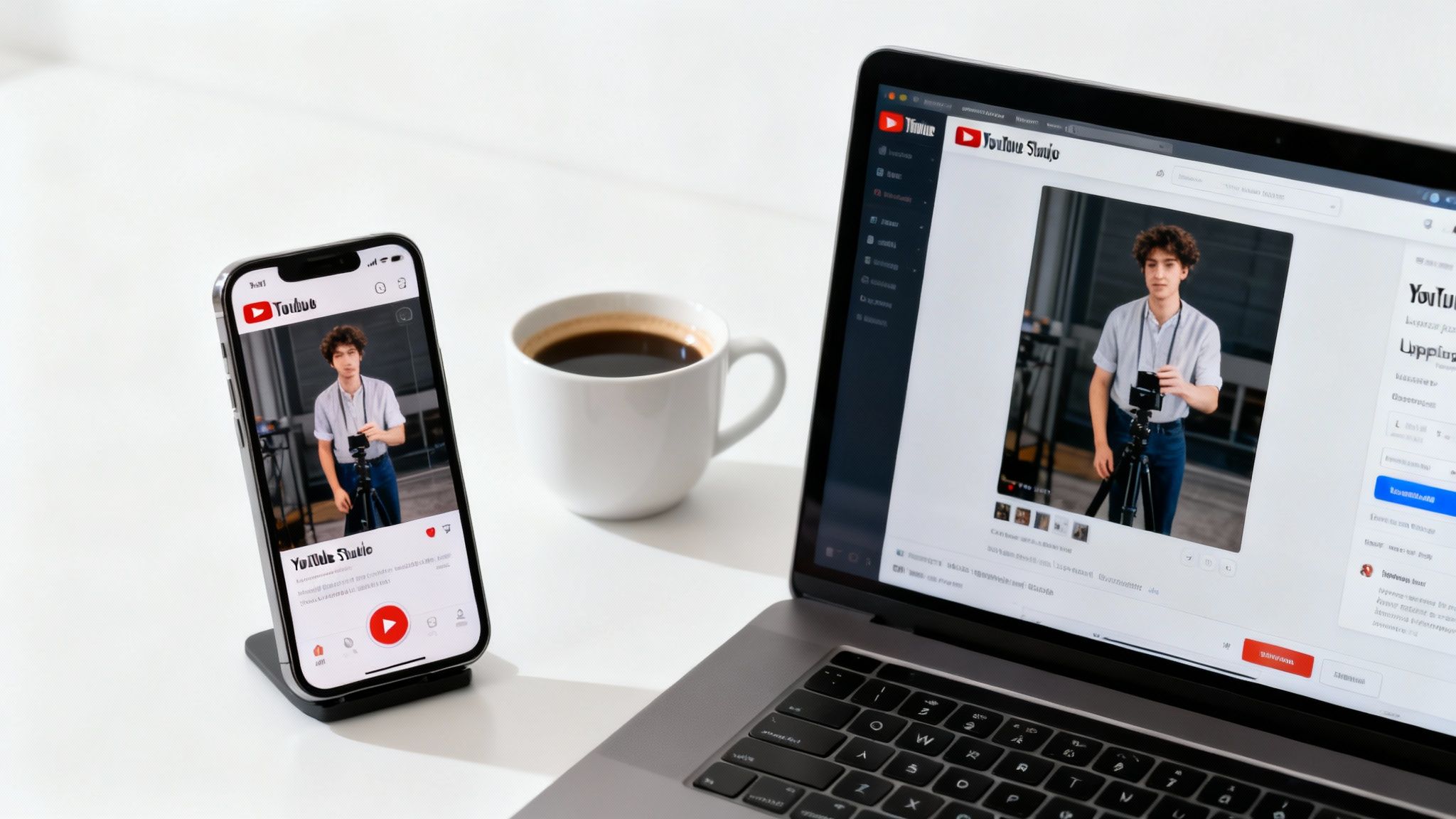 A desk with a laptop and a smartphone displaying YouTube Studio, next to a coffee cup.