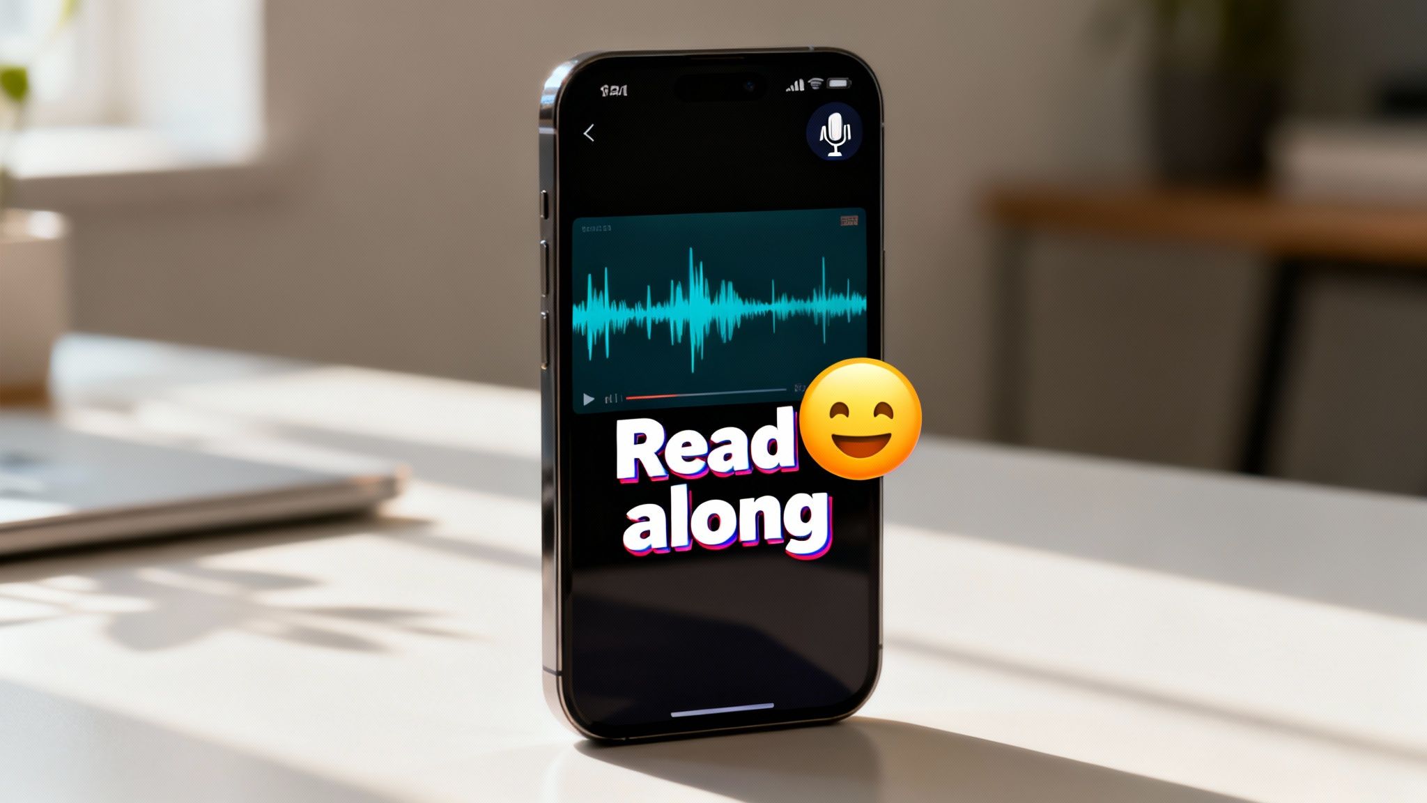 A smartphone screen shows an audio waveform with 'Read along' text and a smiling emoji, on a desk.