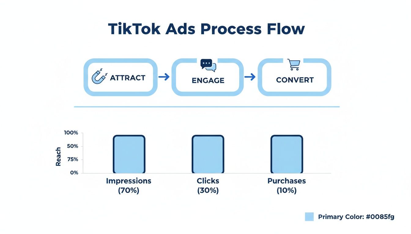 TikTok Ads Process Flow diagram illustrating Attract, Engage, Convert stages with performance metrics.