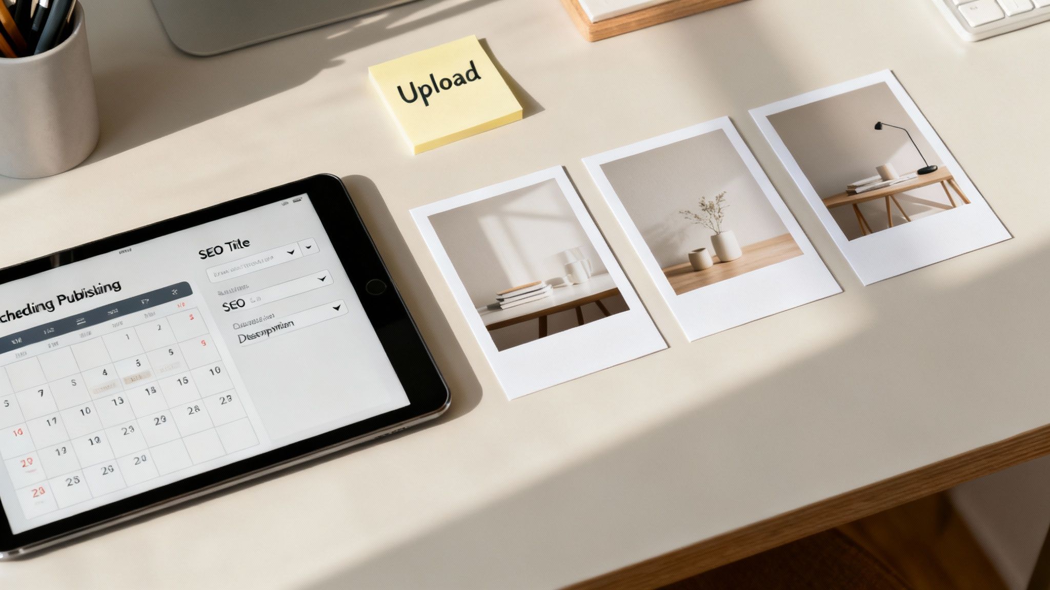 Content scheduling tablet with calendar and SEO fields next to polaroid photos and upload sticky note