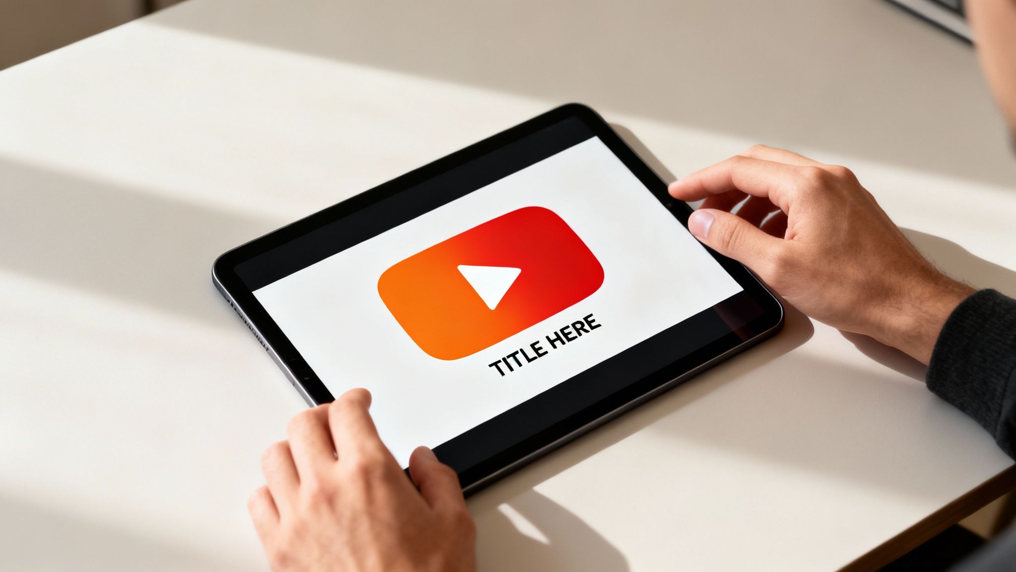 Person holding a tablet displaying a YouTube-like logo with 'TITLE HERE' text on a light desk.