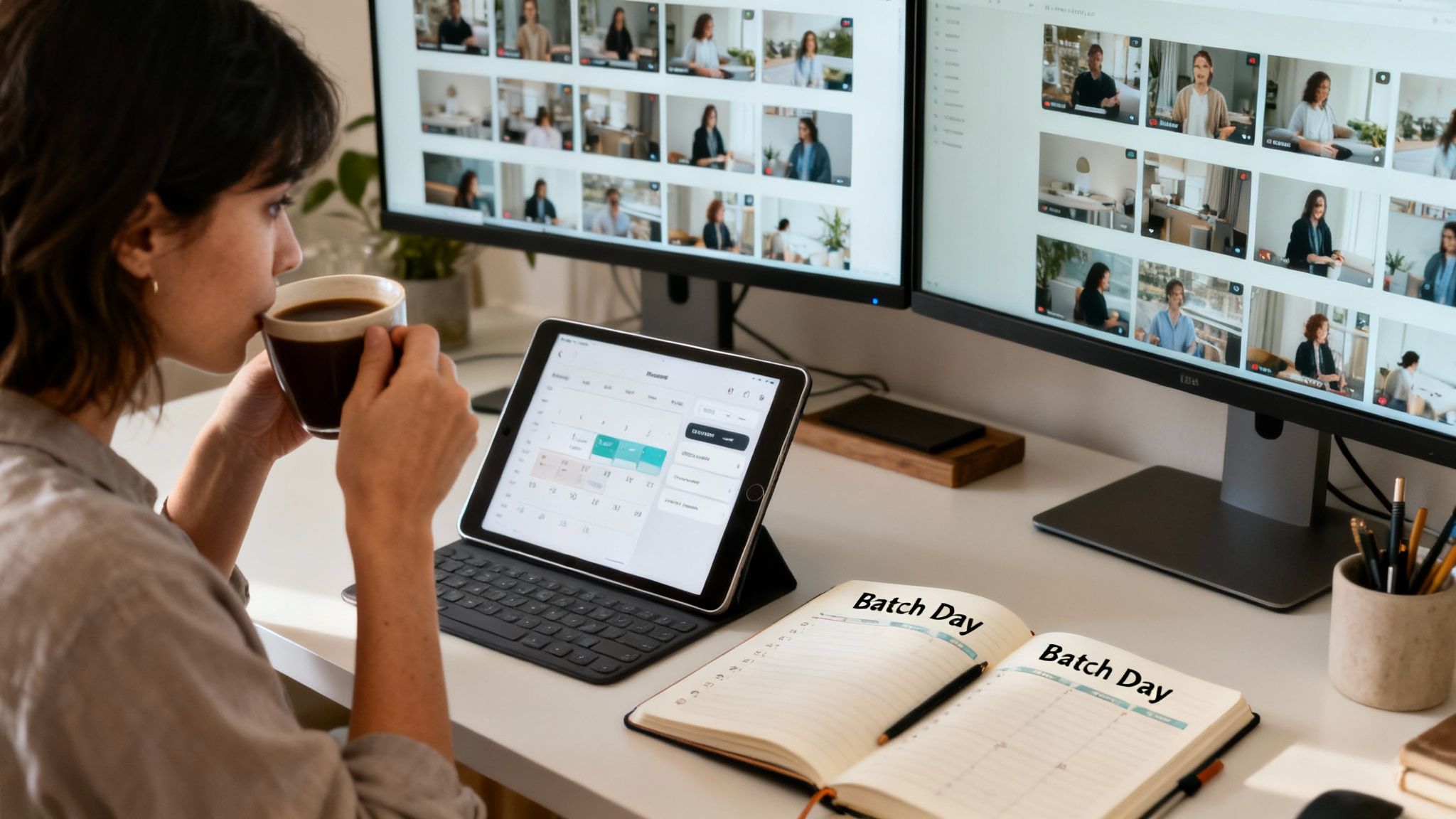 A woman sips coffee, focused on her tablet and multiple monitors displaying a grid of video conference participants.