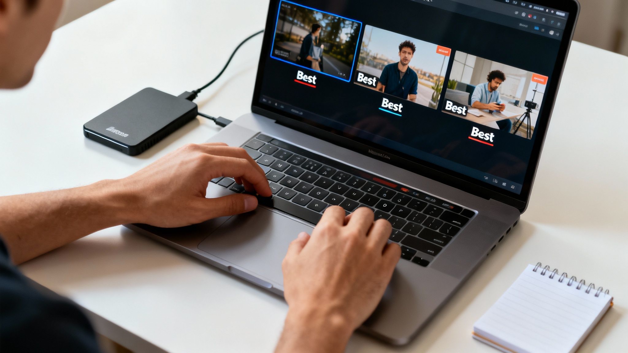 A person's hands organizing photos and video clips on a large table.