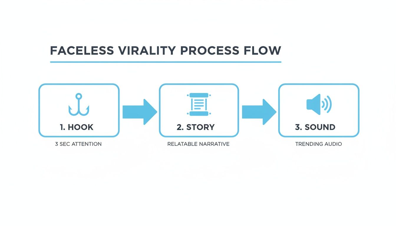 A process flow diagram illustrating faceless virality, detailing steps: hook (3 sec attention), story, and sound.