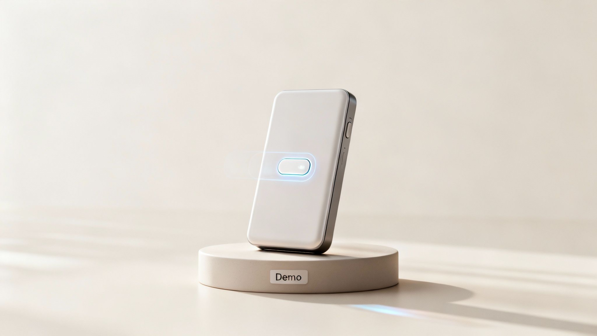 A sleek white tech device with a glowing blue button sits on a 'Demo' display stand.