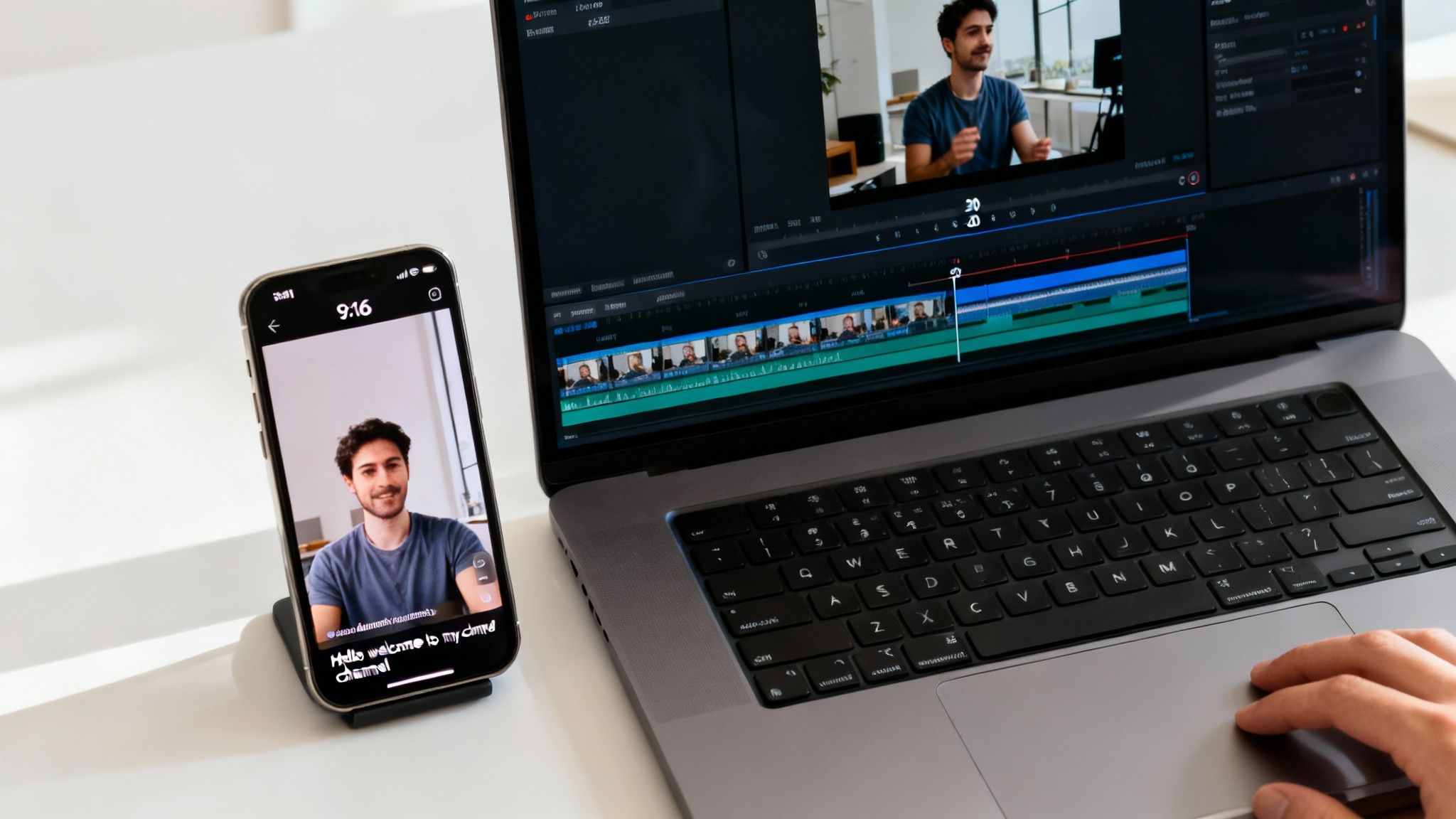 A person editing a video on a laptop, showing the same video with captions on a smartphone.