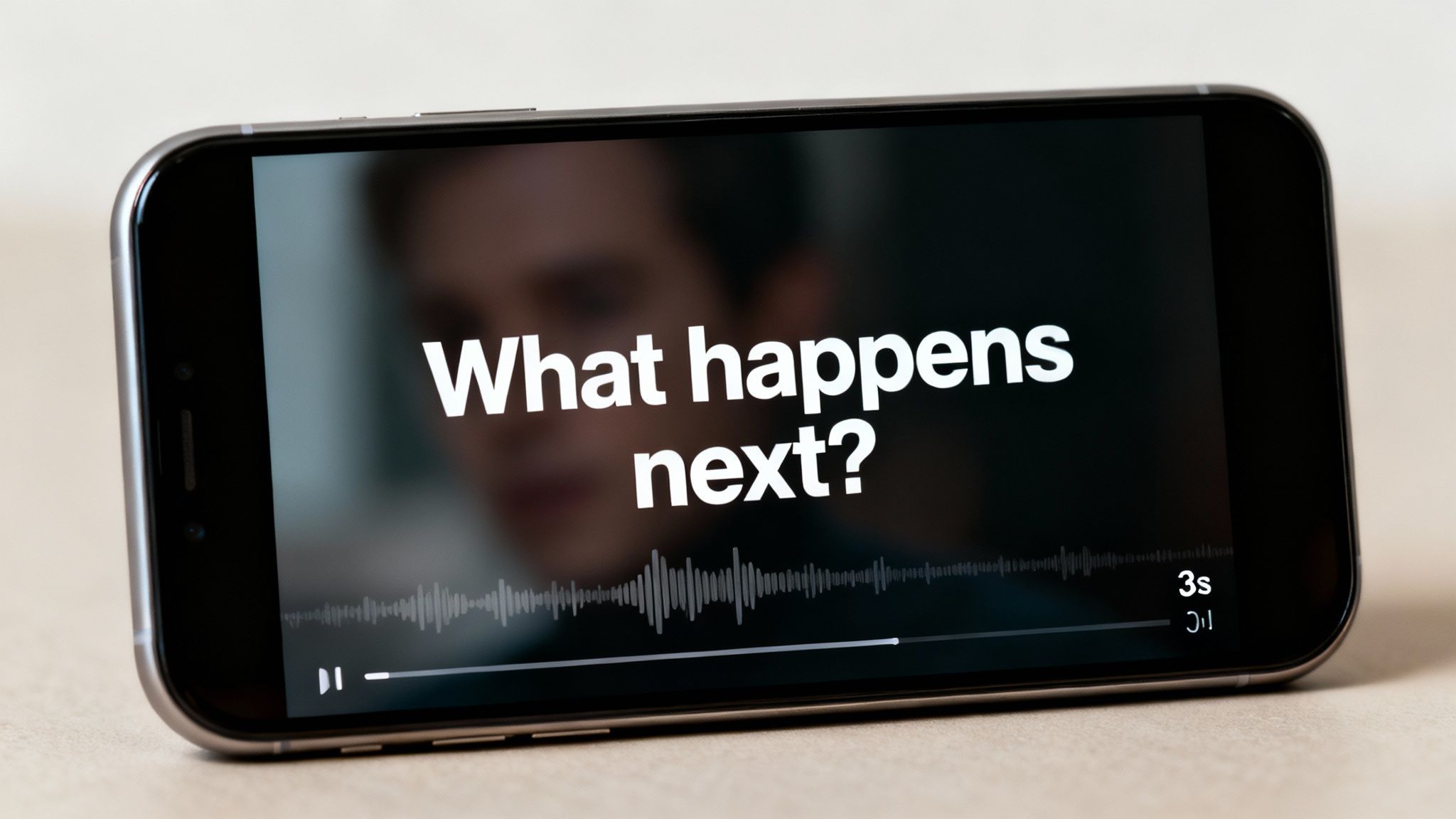 A smartphone displaying a video player with the question 'What happens next?' and an audio waveform.