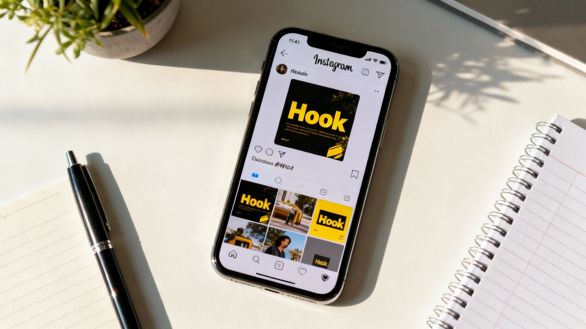 An iPhone displays an Instagram feed with 'Hook' branded content on a white desk with a pen and plant.