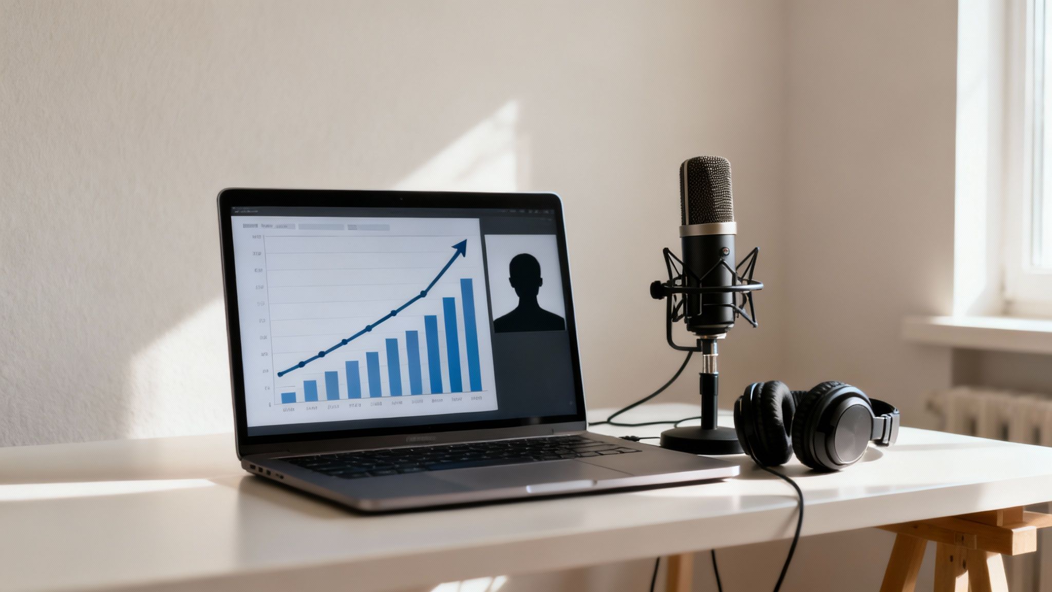 Laptop displaying analytics graph with professional microphone and headphones for podcast recording setup
