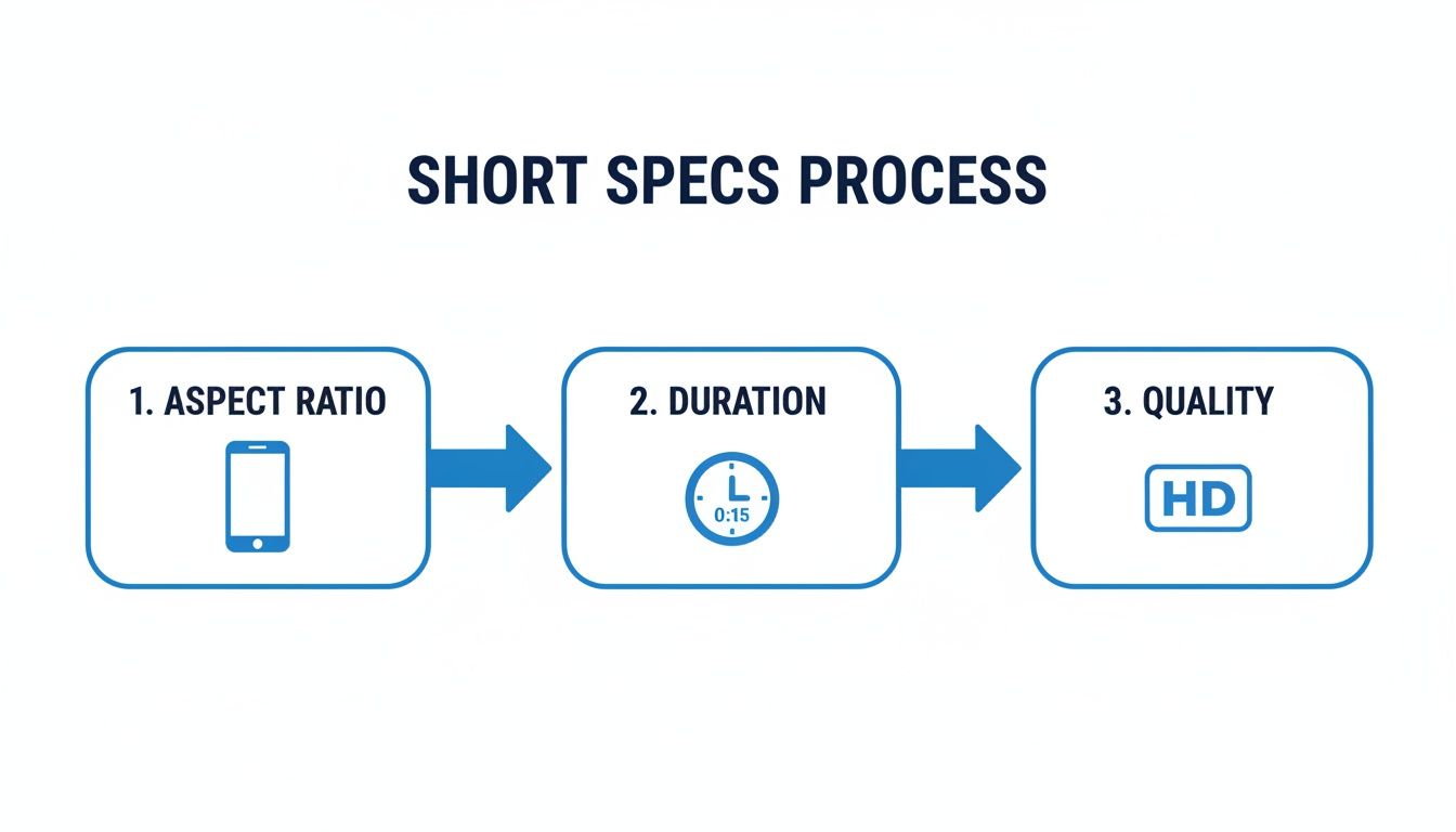 Flowchart outlining the short video specifications process, including aspect ratio, duration, and quality.