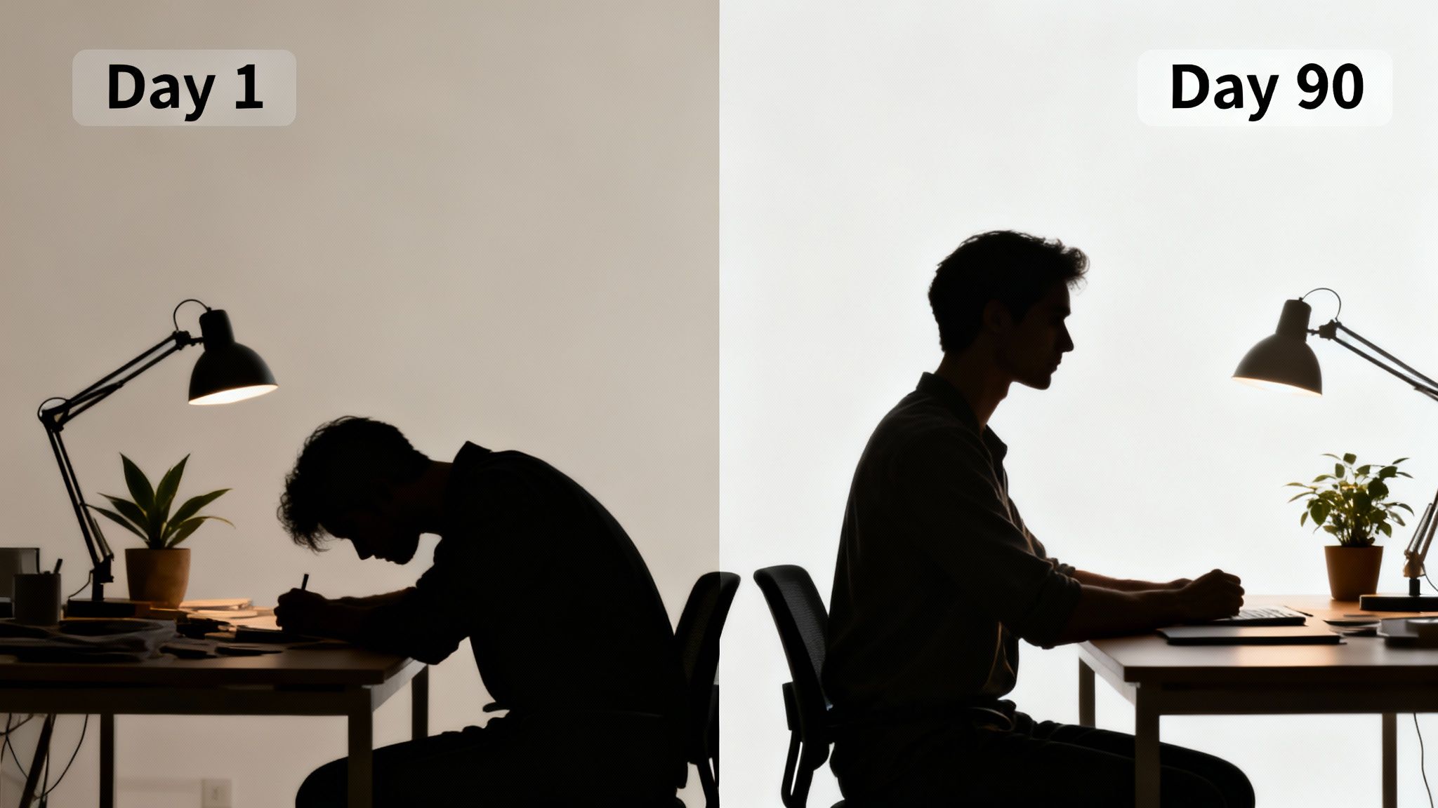 Side-by-side of a person with bad posture on Day 1 and good posture on Day 90.