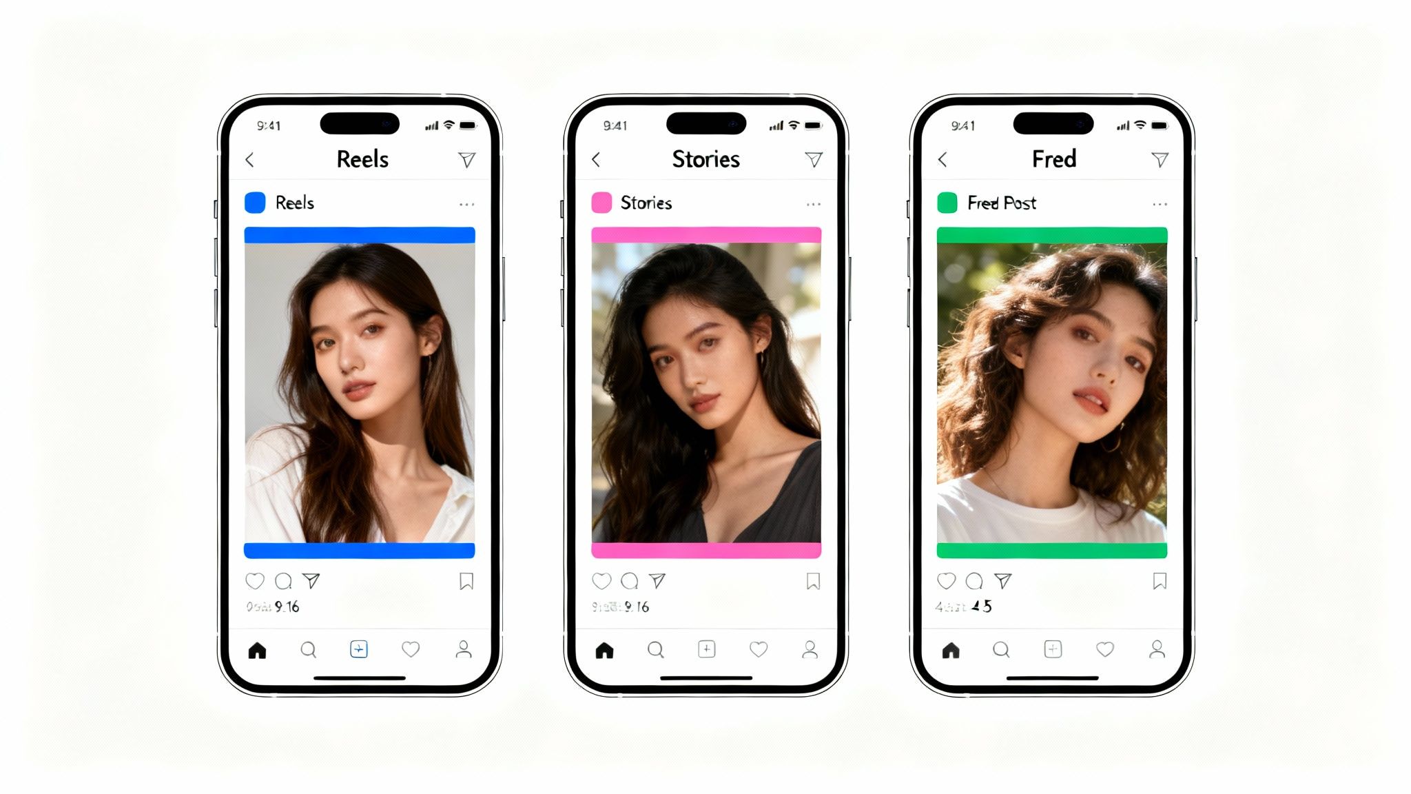 A smartphone showing the Instagram interface with options for Reels, Stories, and Feed posts.