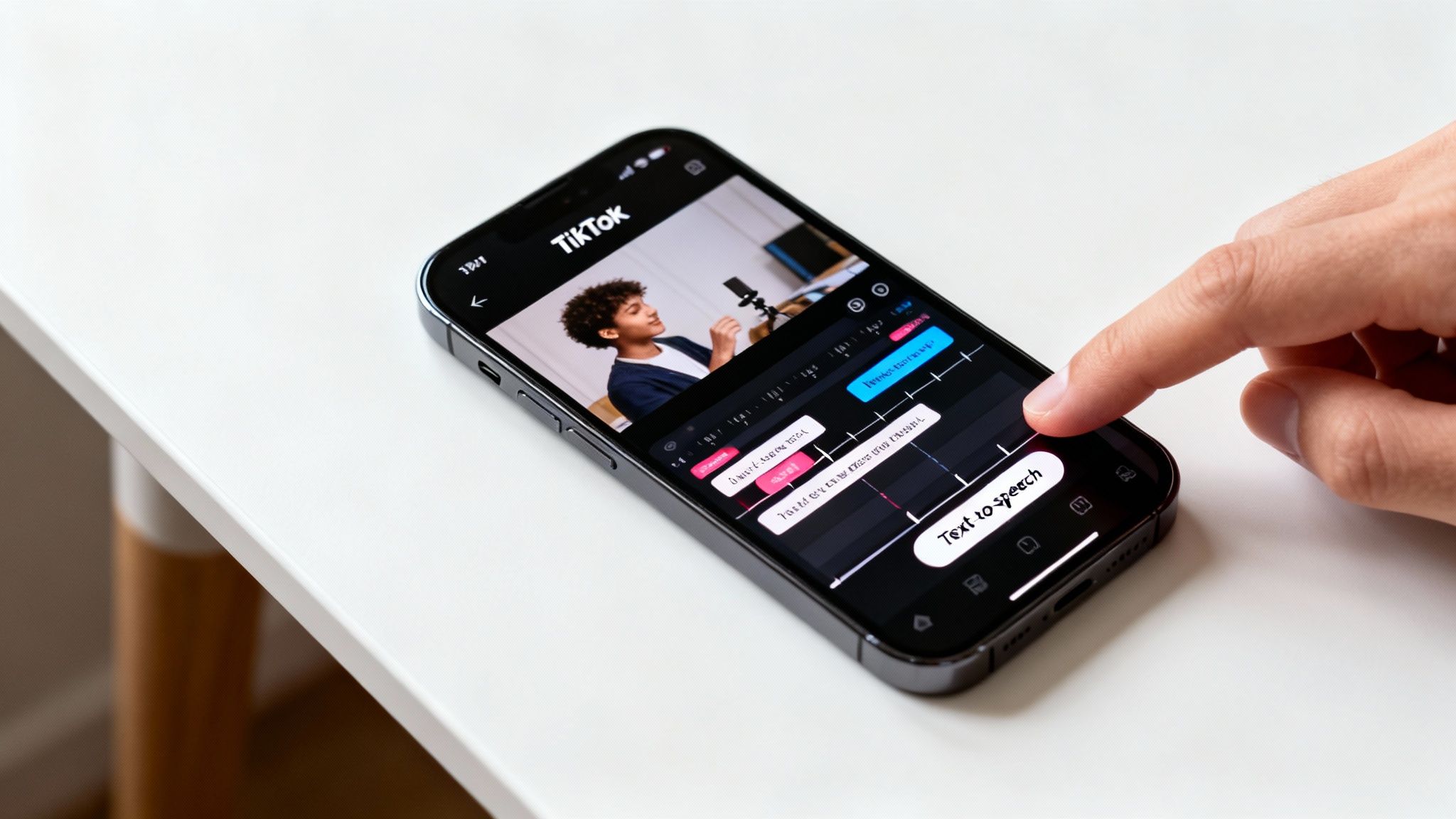A person's hand interacting with the "Text to speech" option in the TikTok app on an iPhone.