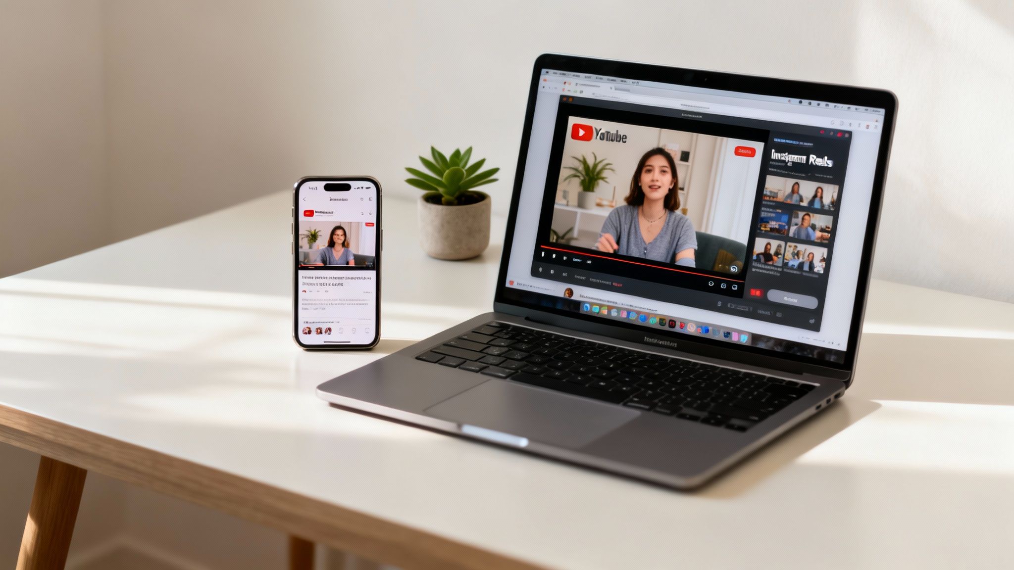 A laptop and a smartphone displaying a YouTube video on a white desk with a plant.