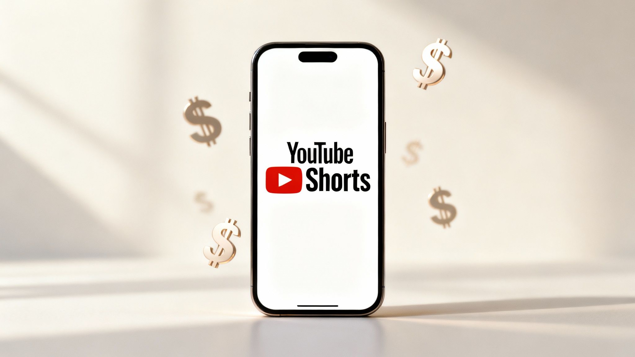 A person holding a smartphone showing a YouTube Shorts video with dollar signs floating around it, symbolizing monetization.