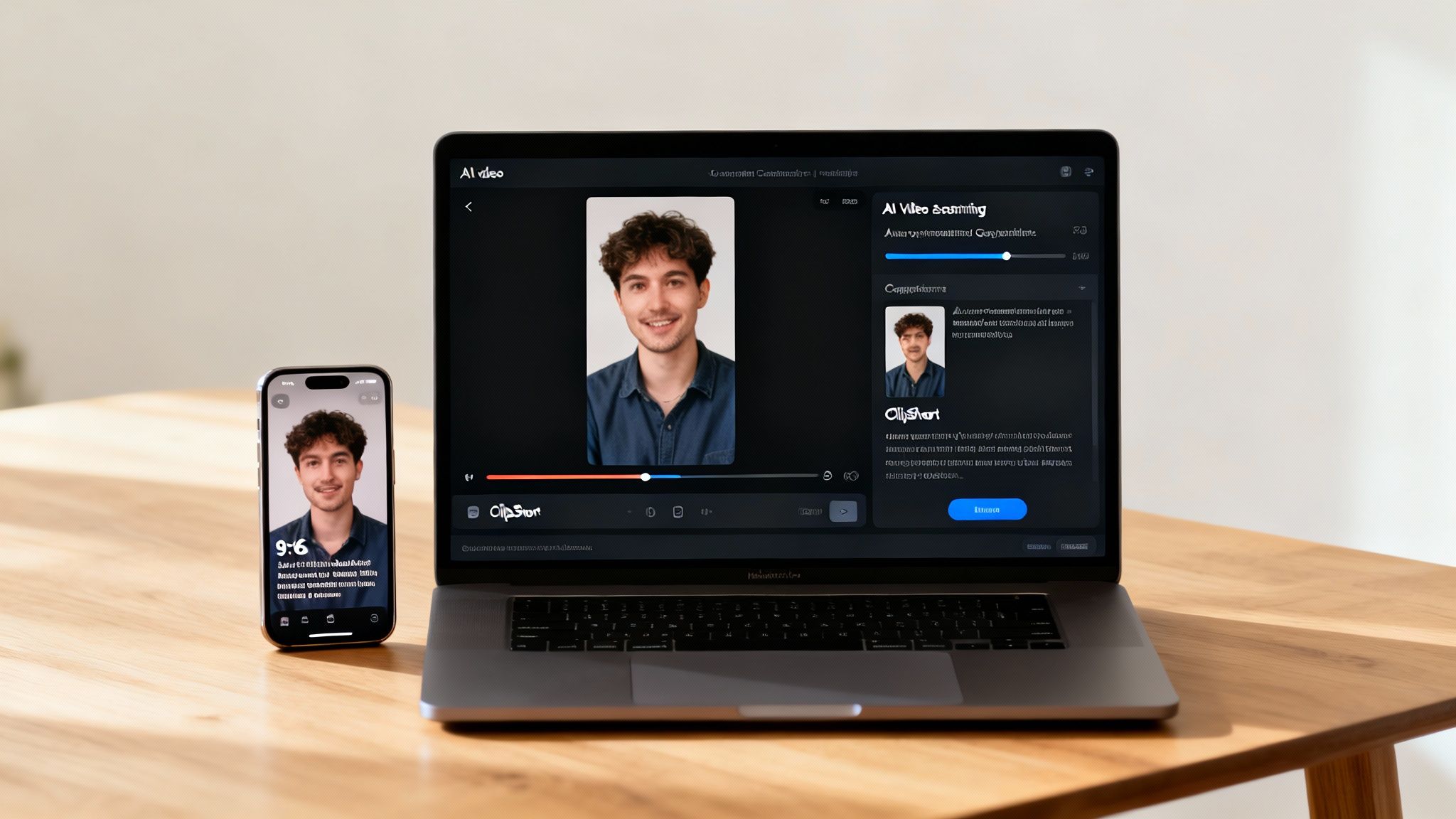 A laptop and smartphone on a wooden desk displaying video editing software with a smiling man.