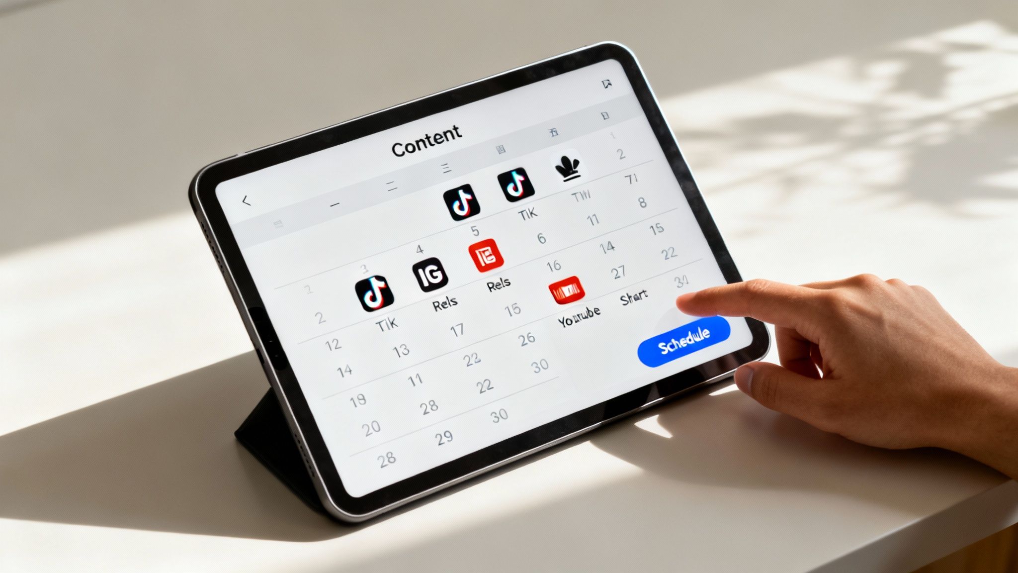 A person strategically sharing a video on multiple social media platforms from their phone.