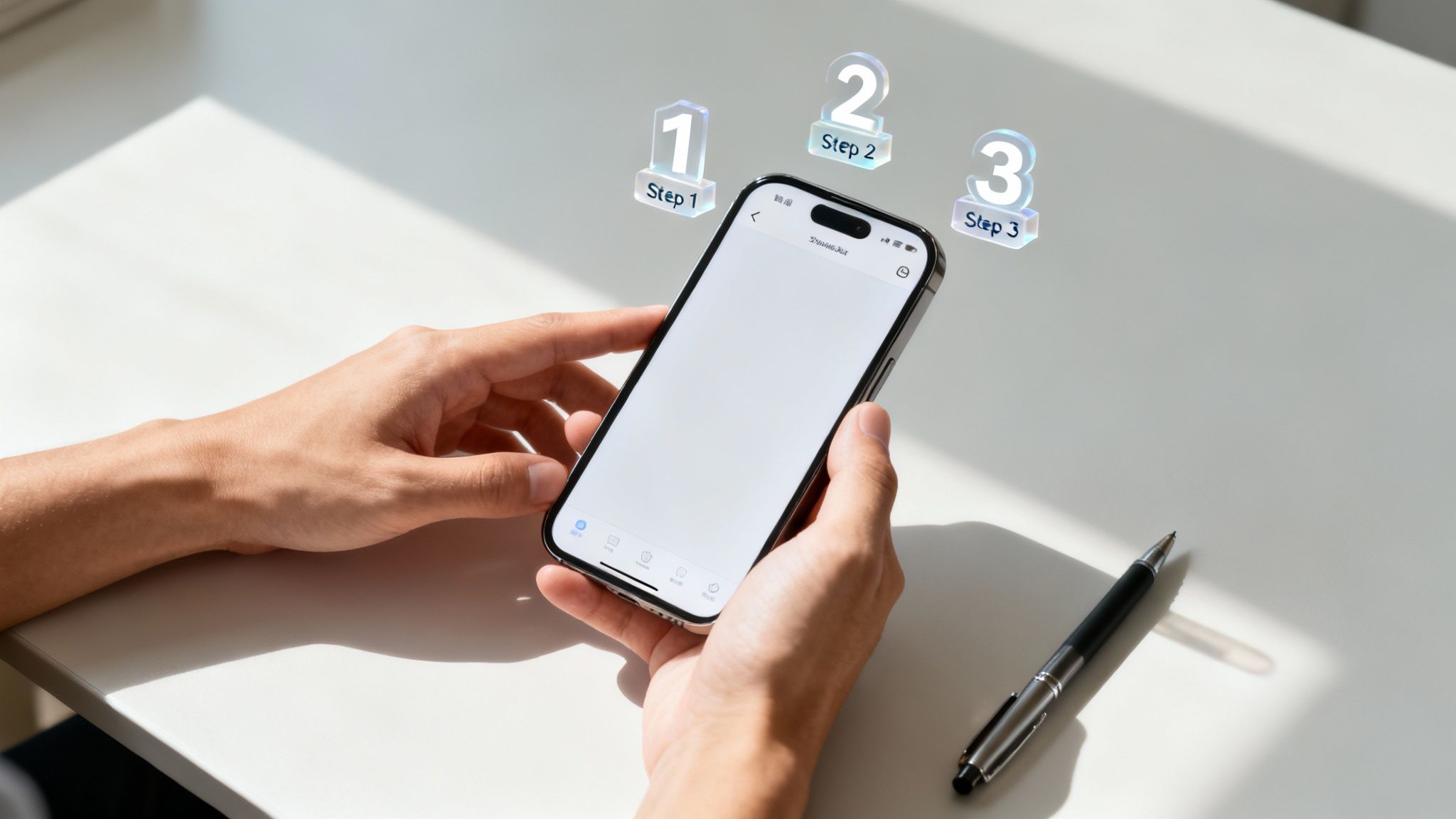 Hands holding a smartphone with three floating translucent step icons on a white table.