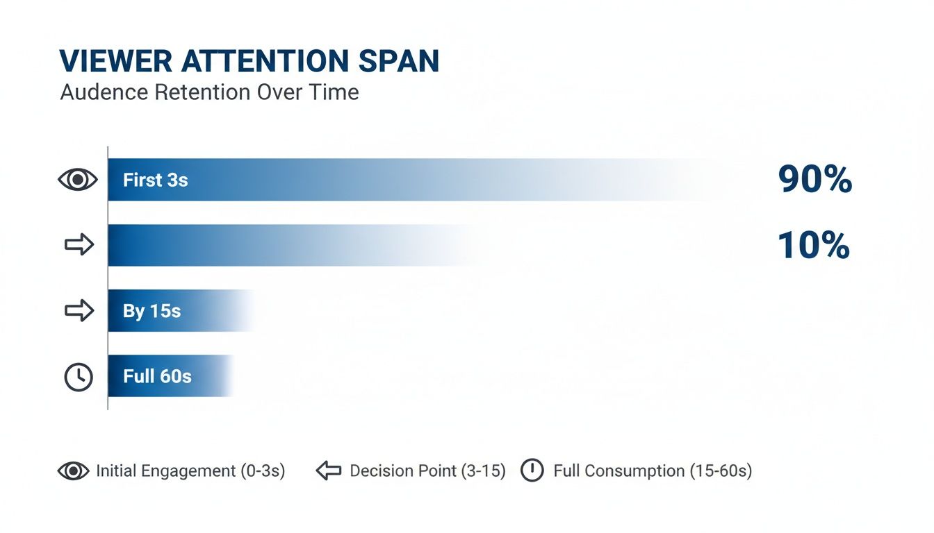 Bar chart illustrates viewer attention span, showing 90% retention for the first 3 seconds.